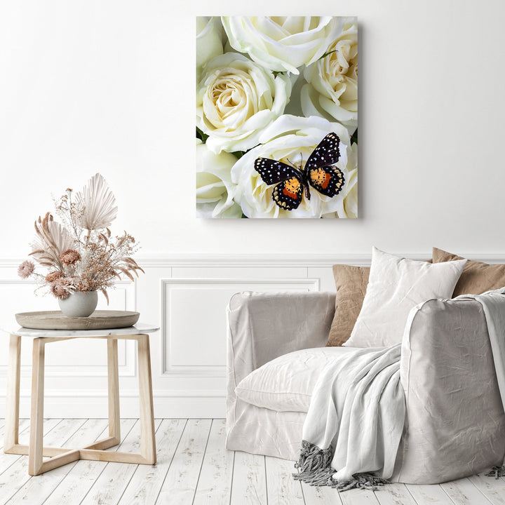 Speckled Butterfly on White Rose | Diamond Painting