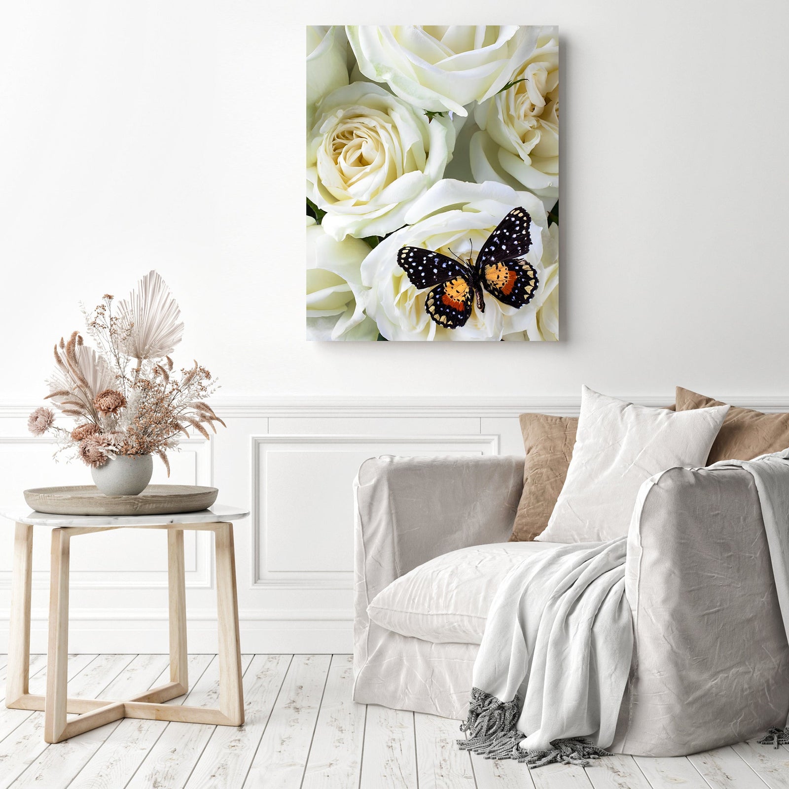 Speckled Butterfly on White Rose | Diamond Painting Displayed as Home Decor