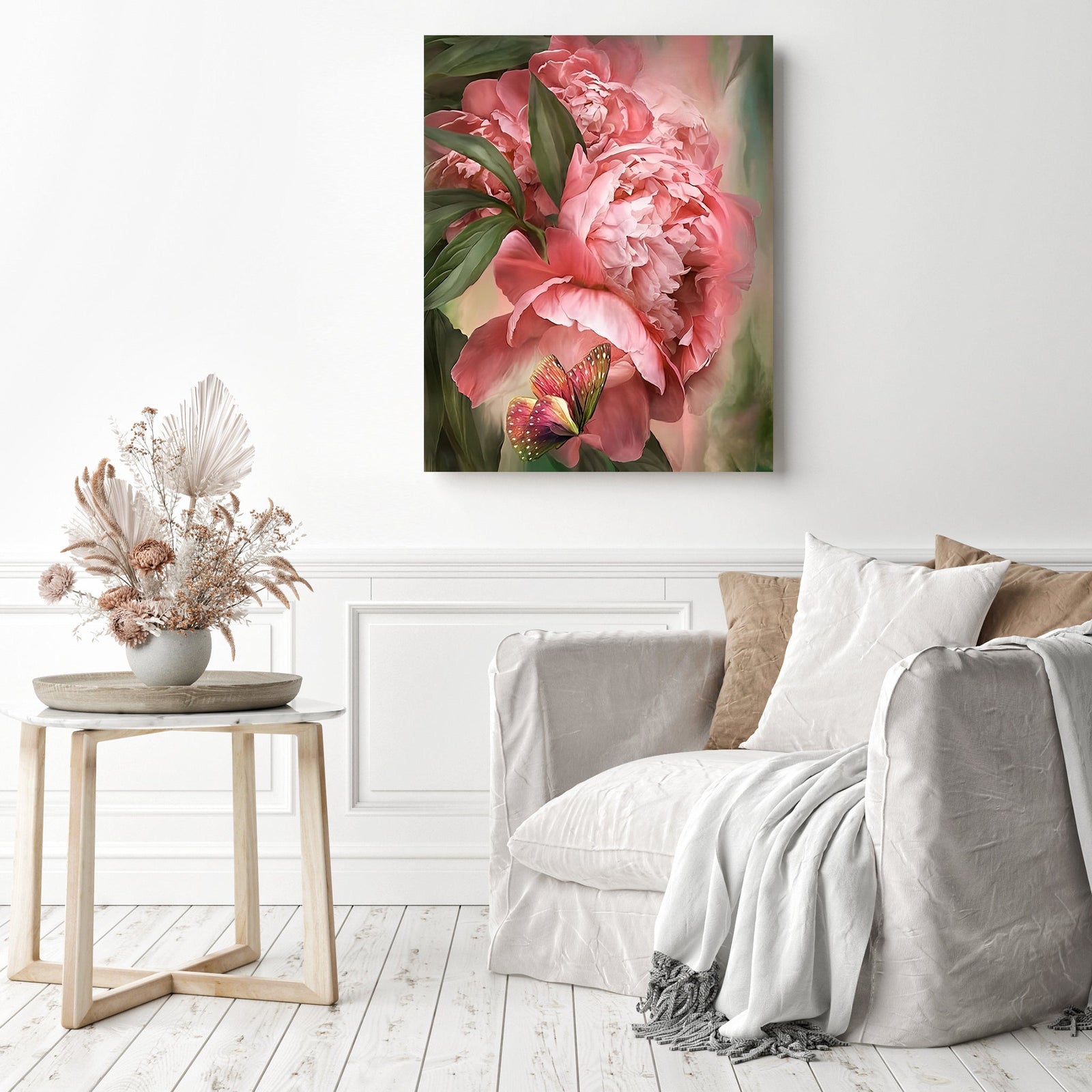 Pink Roses and Butterfly | Diamond Painting Displayed as Home Decor