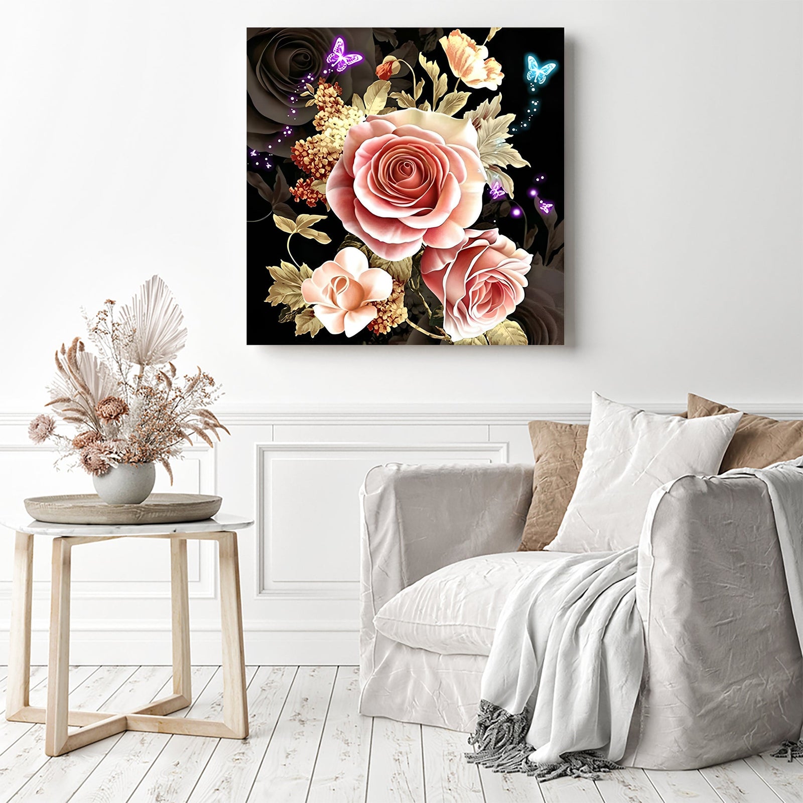 Pink Rose With Butterflies | Diamond Painting Displayed as Home Decor