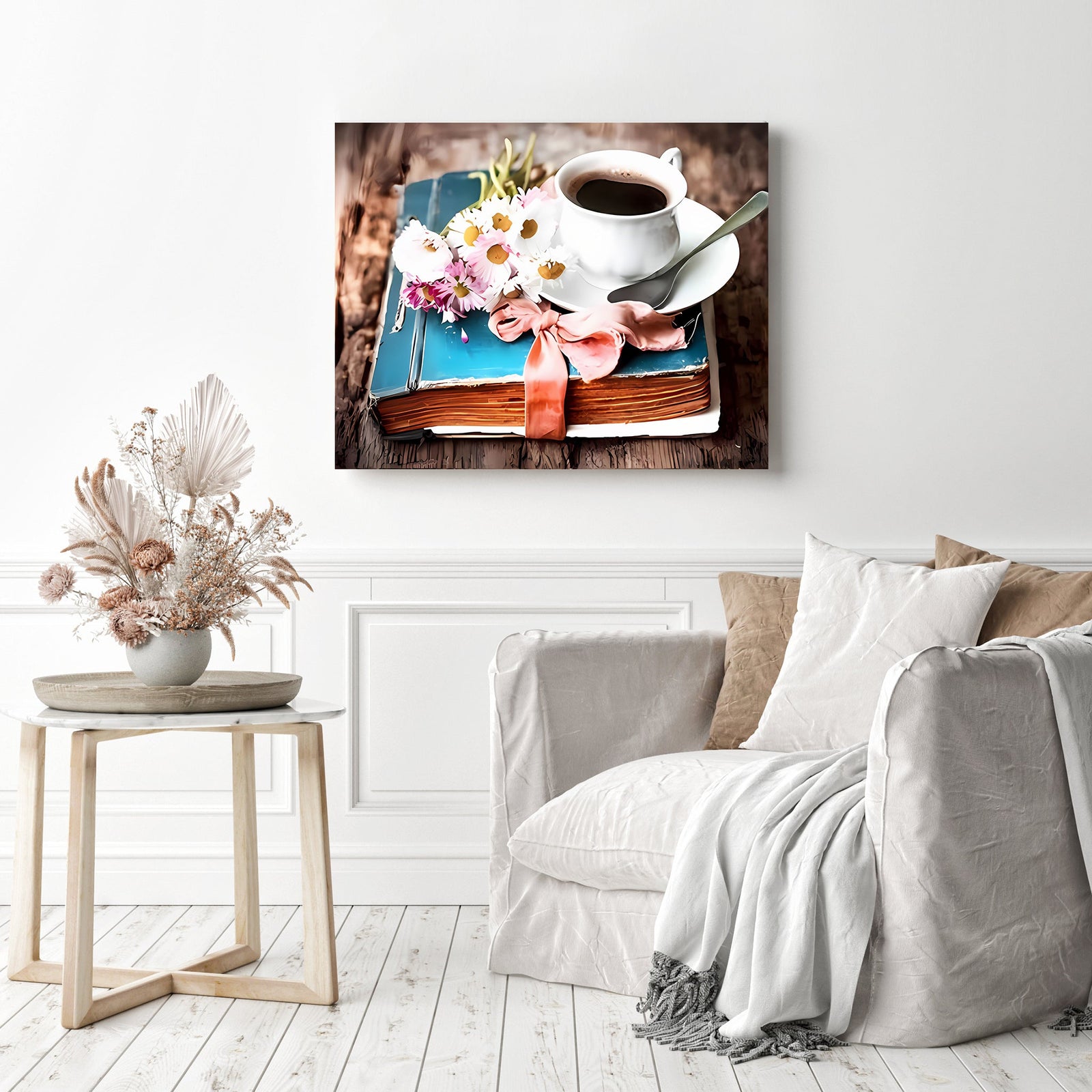 Flowers & Coffee | Diamond Painting Displayed as Home Decor