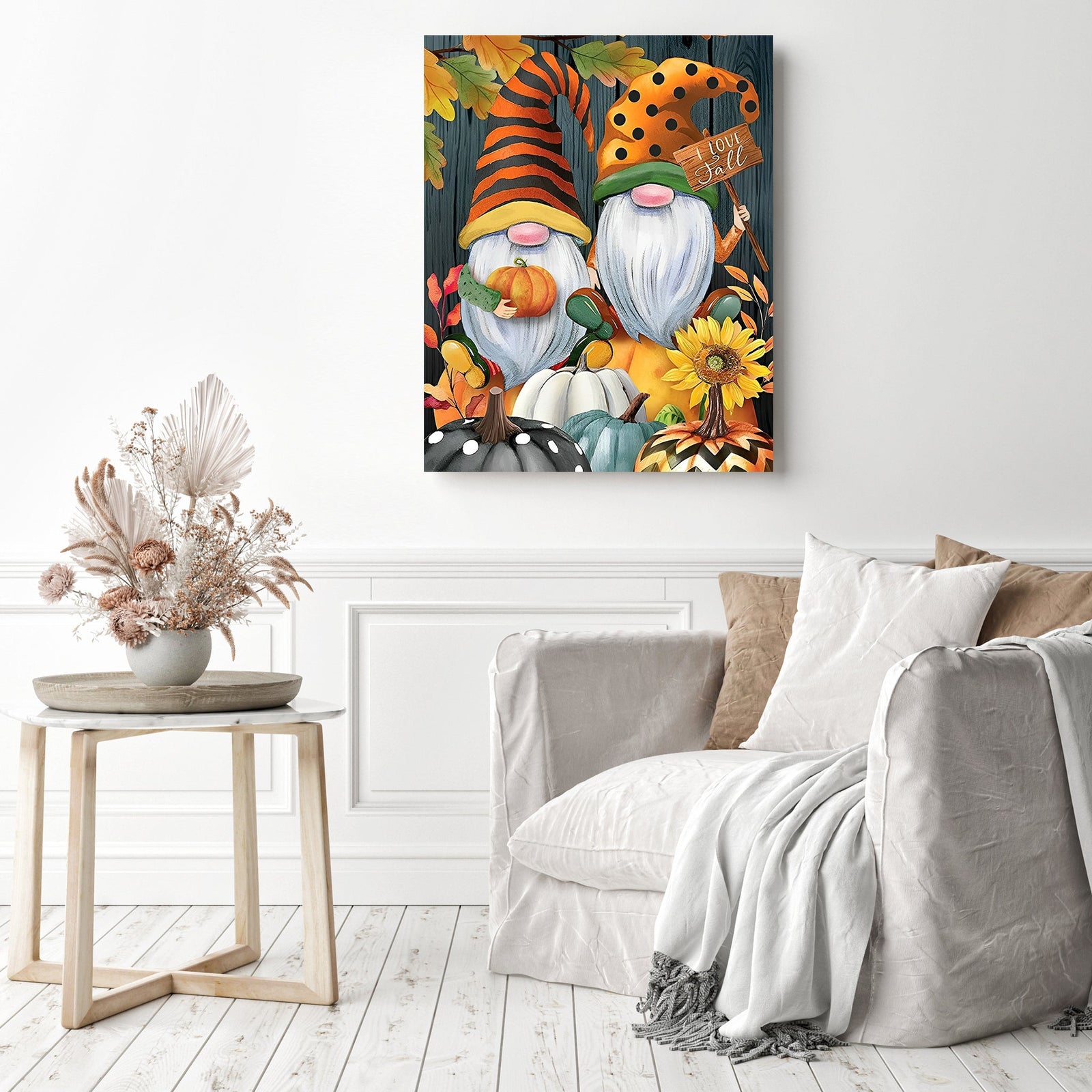 Fall Gnomes Pumpkins | Diamond Painting Displayed as Home Decor