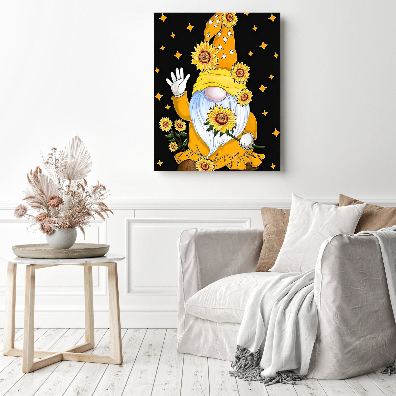 Yellow Gnome | Diamond Painting Displayed as Home Decor