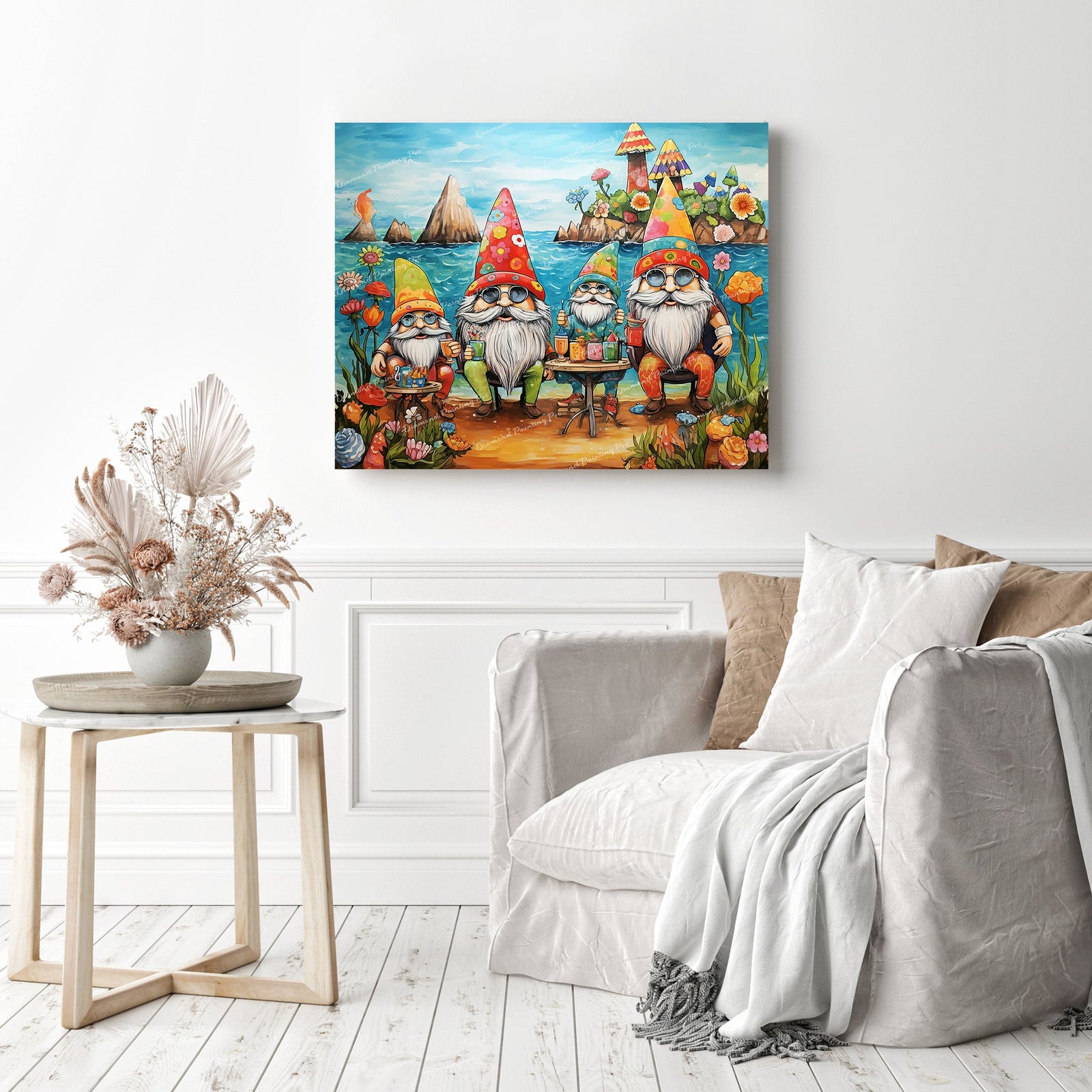 Gnome Beach Party | Diamond Painting Displayed as Home Decor