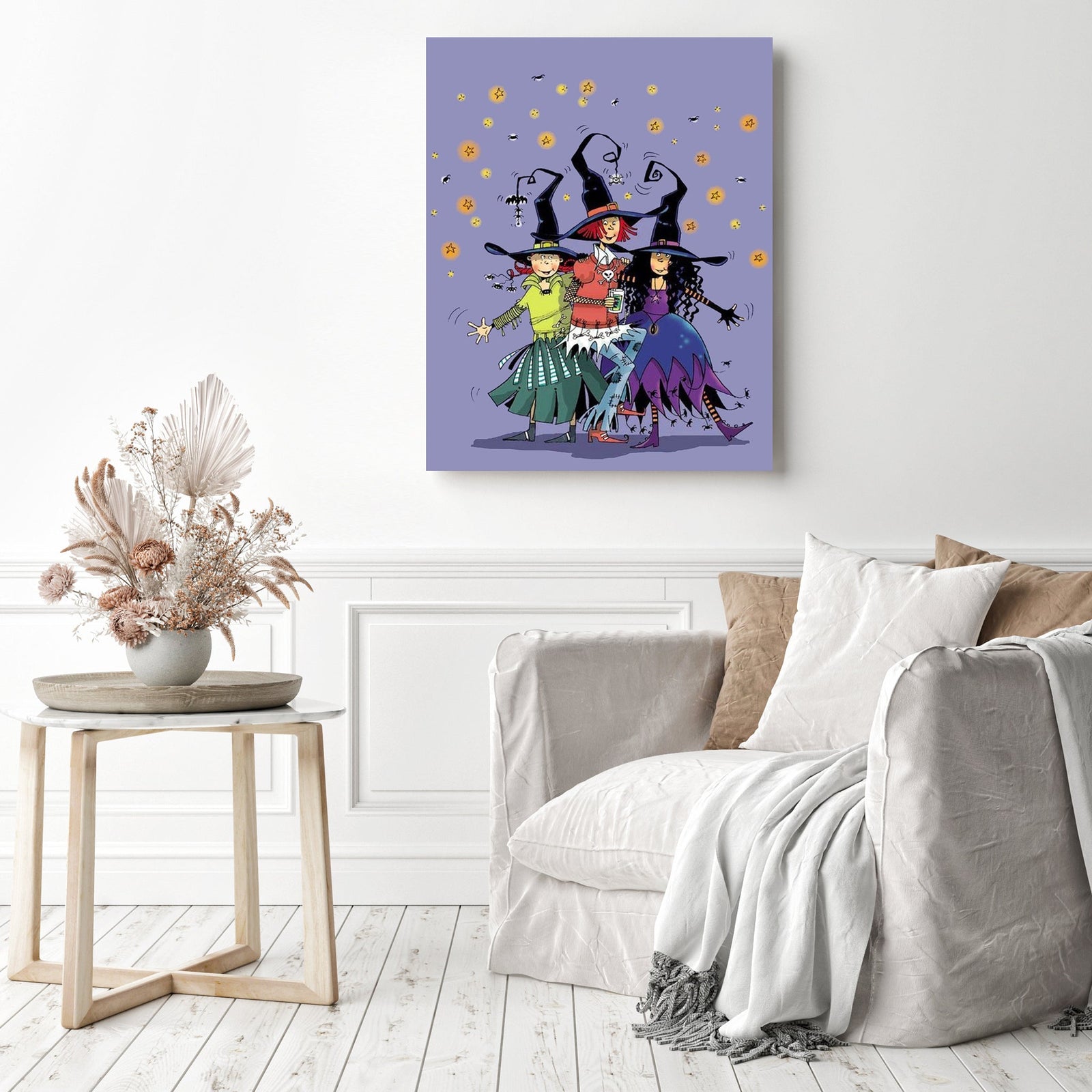 Cheerful Little Witches | Diamond Painting Displayed as Home Decor