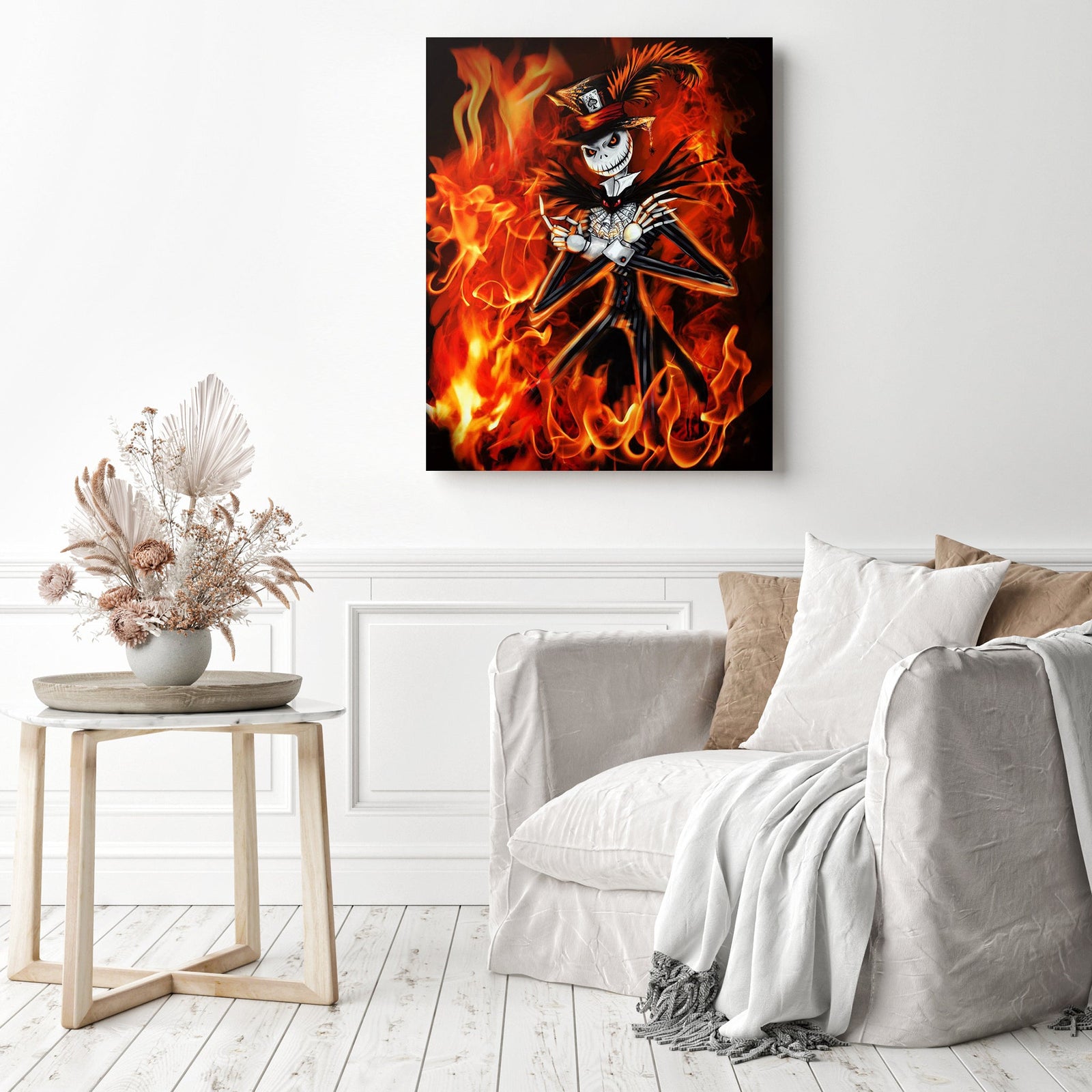 Jack Skellington In Fire | Diamond Painting Displayed as Home Decor