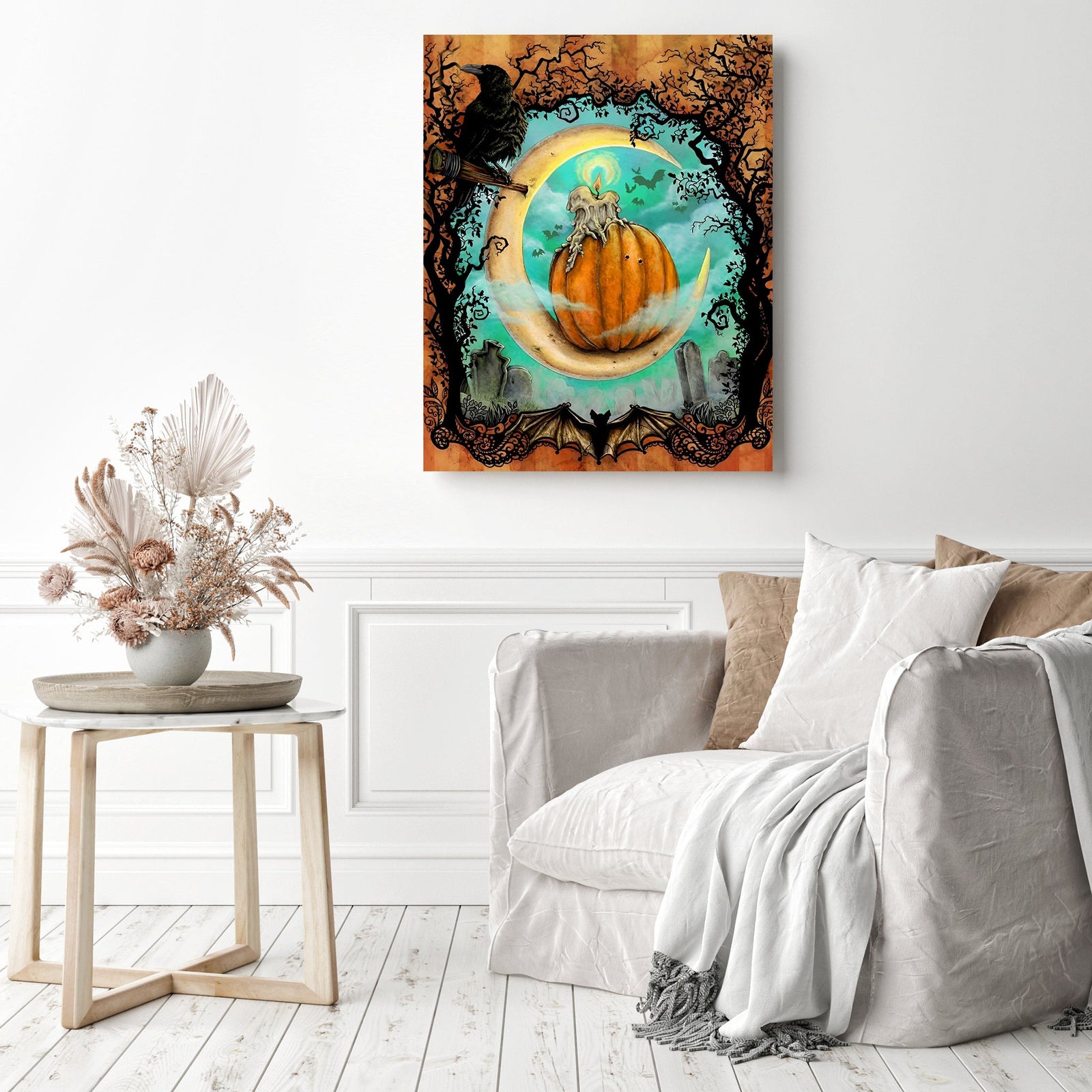 Pumpkin and Crow | Diamond Painting Displayed as Home Decor