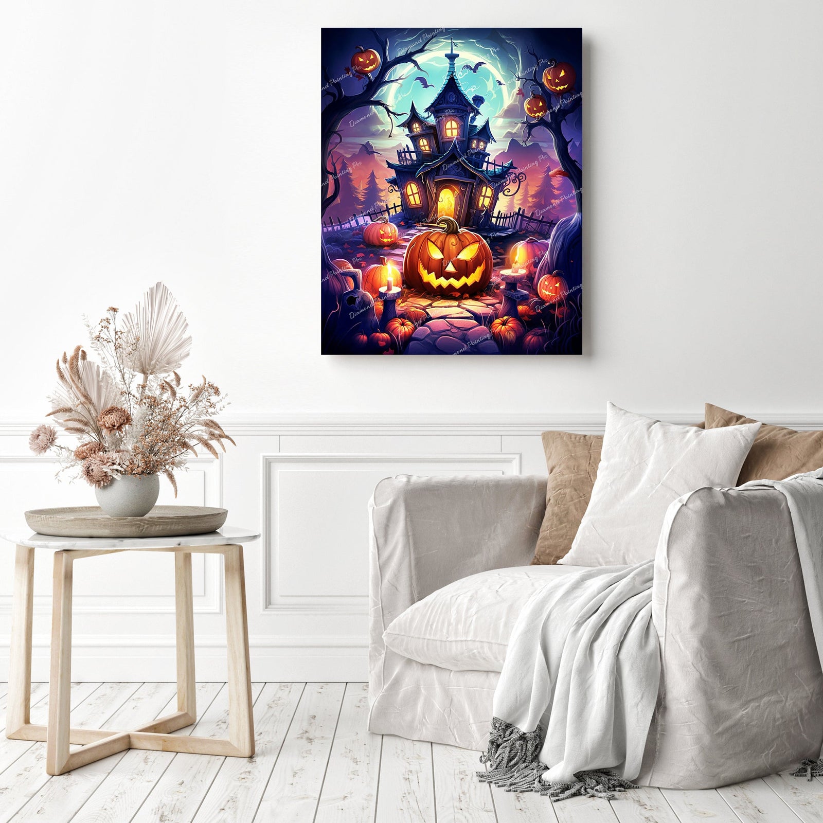 Haunted Pumpkin Manor | Diamond Painting Displayed as Home Decor