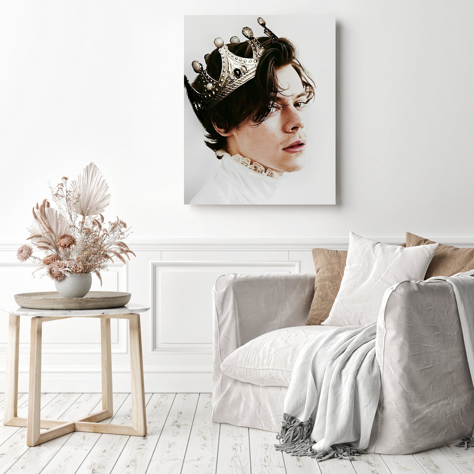 Harry Styles with Crown | Diamond Painting Displayed as Home Decor