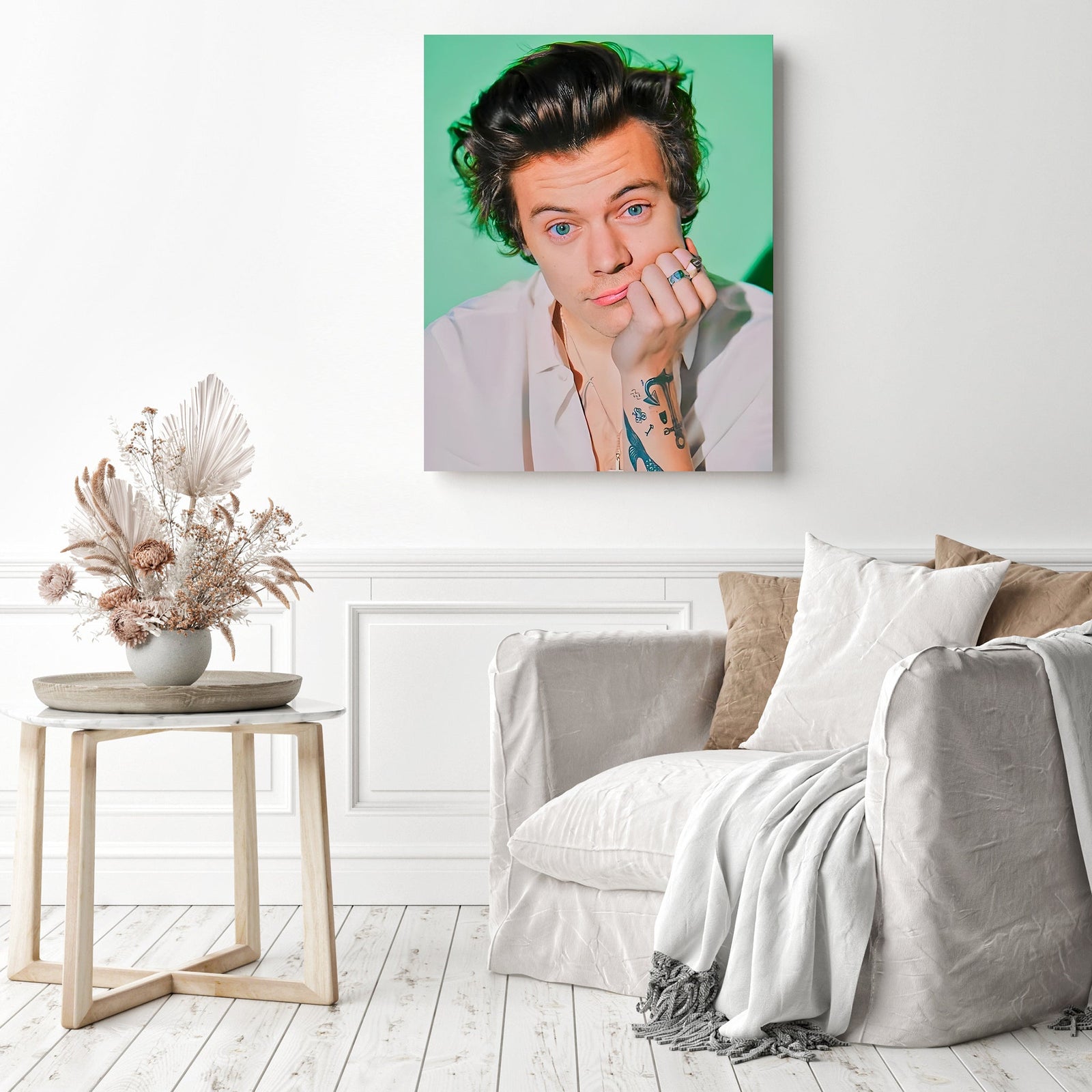 Harry Styles and Tattoo | Diamond Painting Displayed as Home Decor