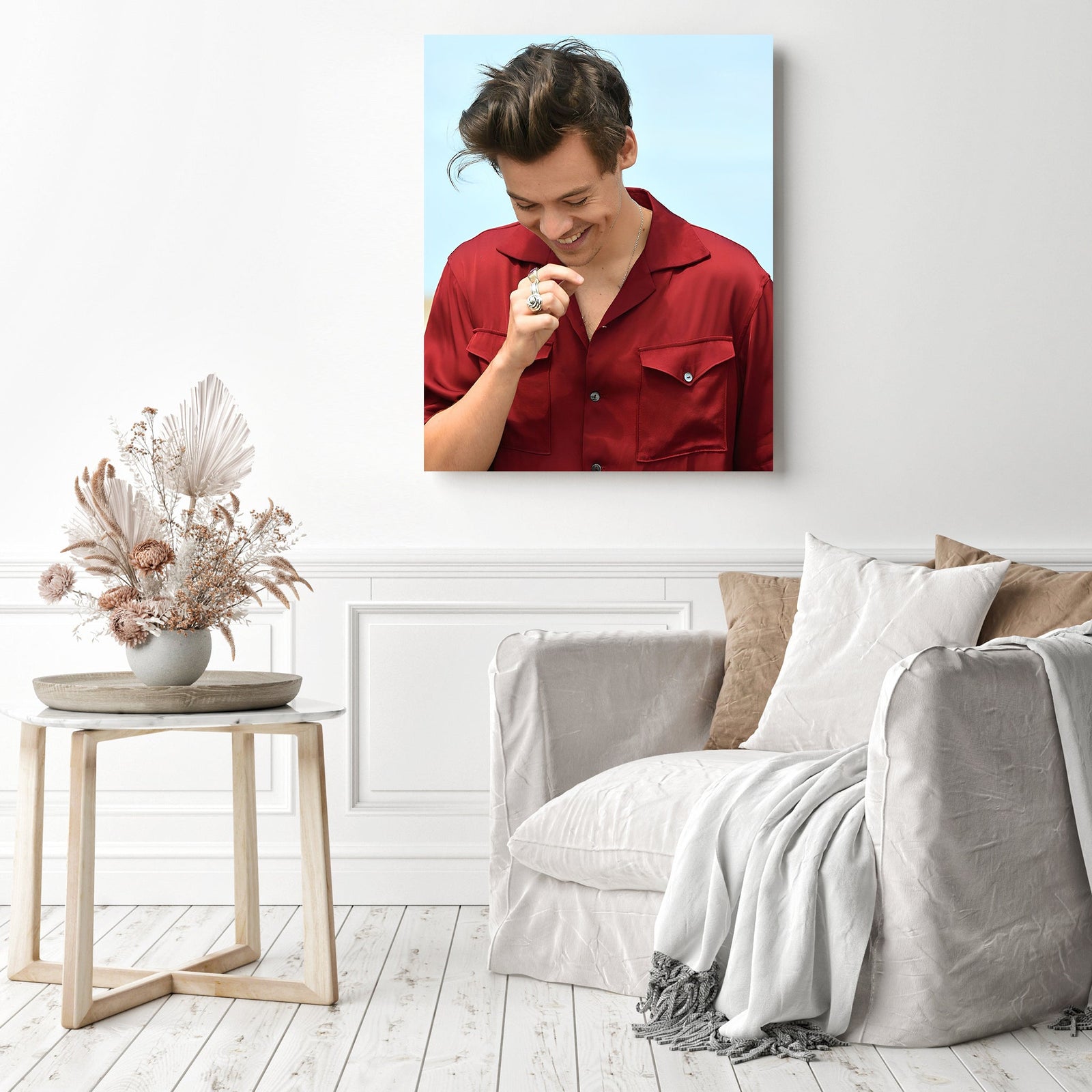 Harry Styles in Red | Diamond Painting Displayed as Home Decor