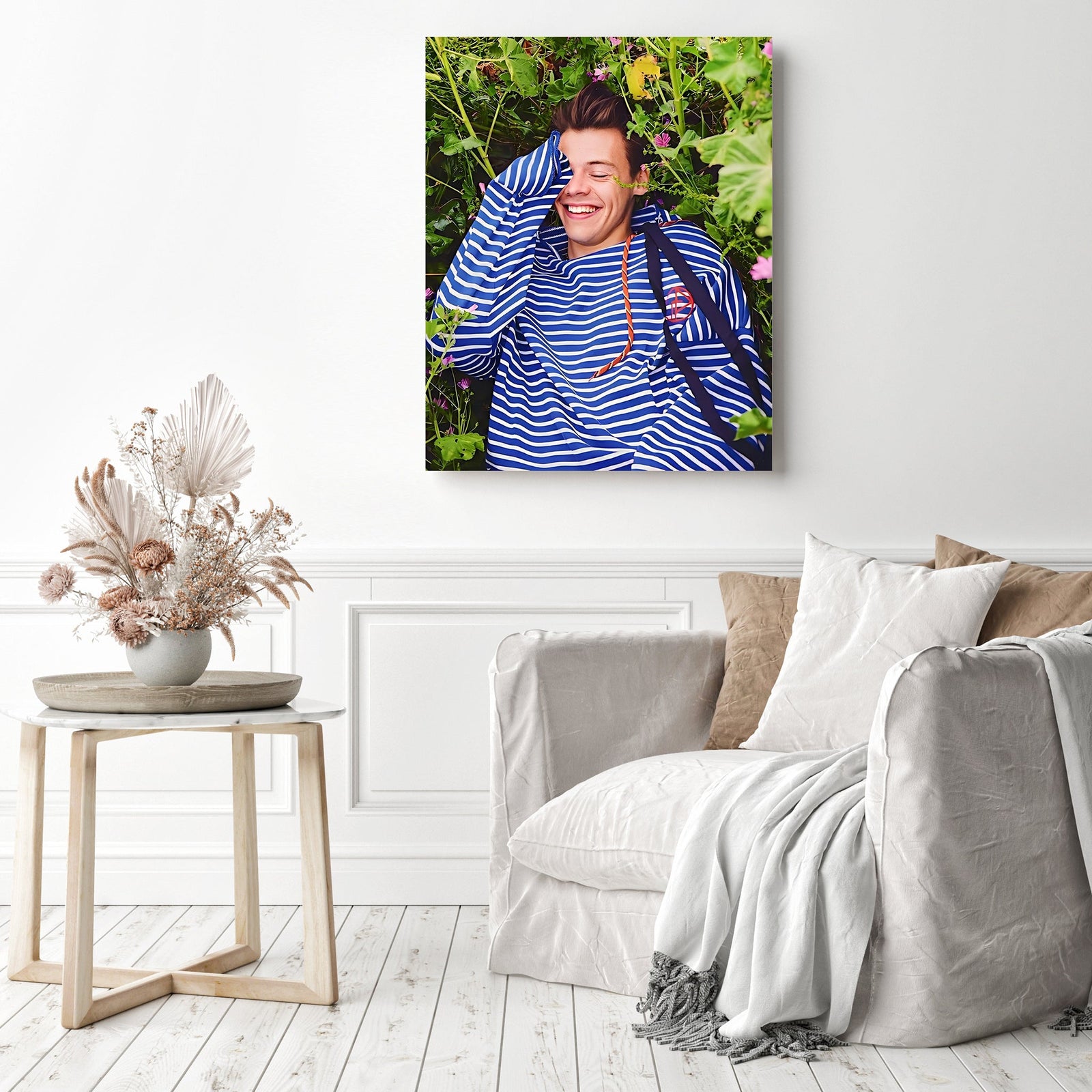 Harry Styles Blue Striped Sweater | Diamond Painting Displayed as Home Decor