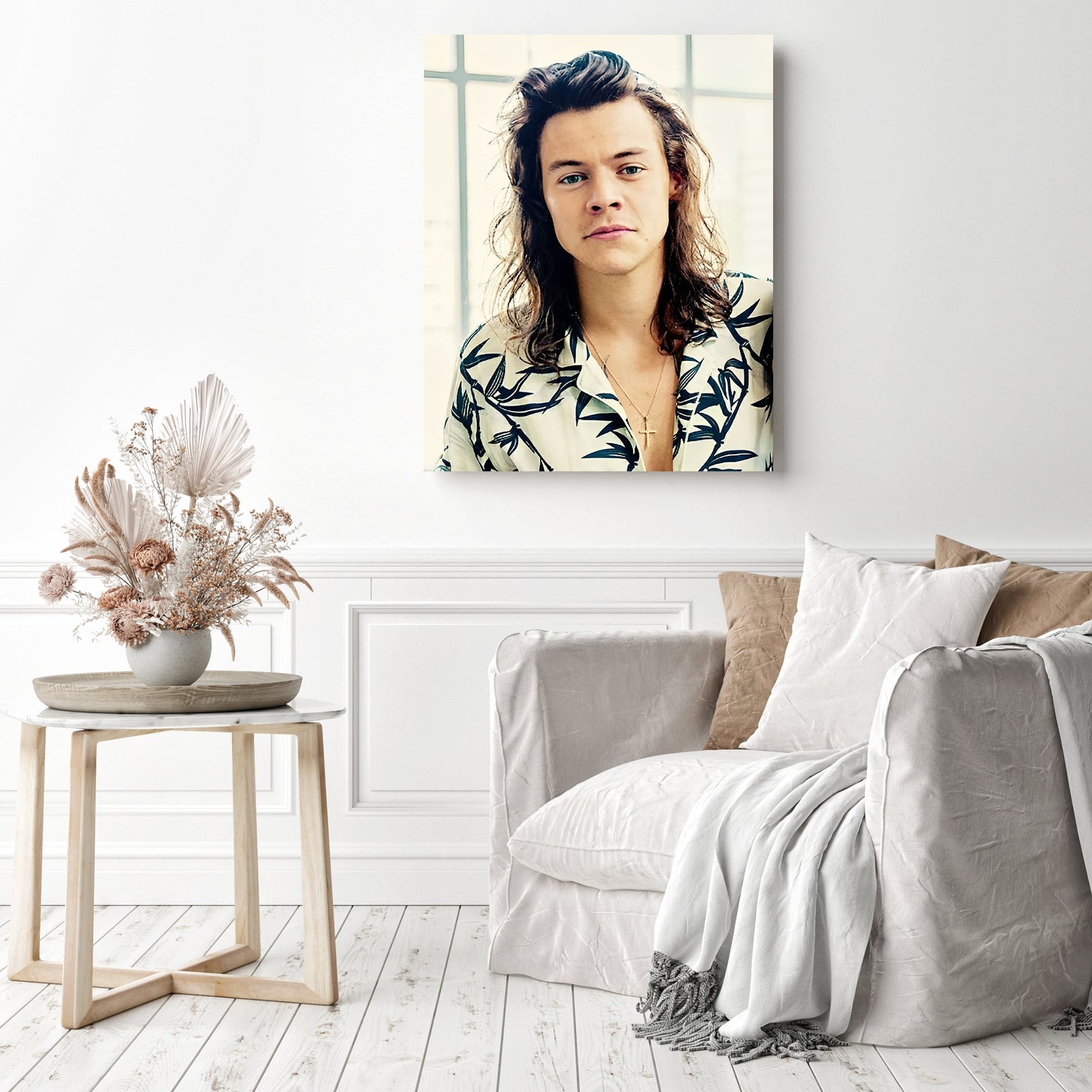 Harry Styles with Long Hair | Diamond Painting Displayed as Home Decor