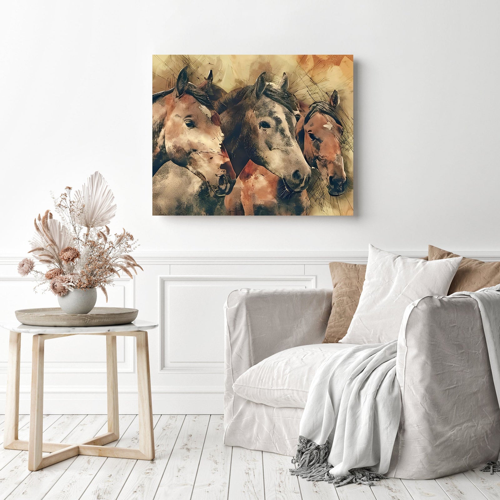 Tres Horses | Diamond Painting Displayed as Home Decor