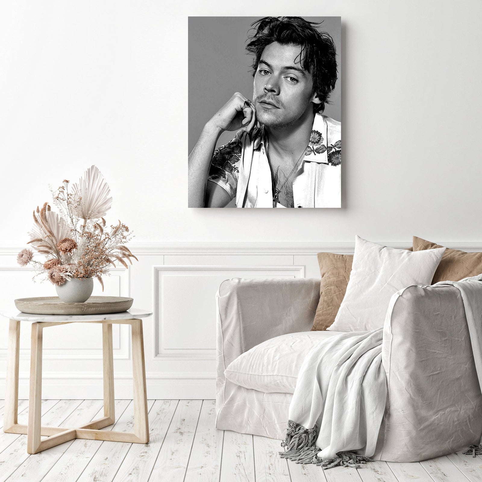 Harry Styles Black and White | Diamond Painting Displayed as Home Decor