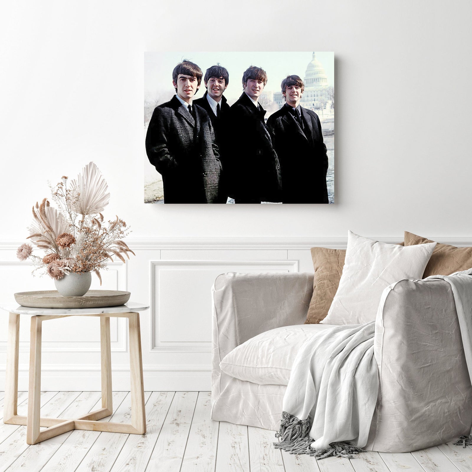 The Beatles in Black | Diamond Painting Displayed as Home Decor