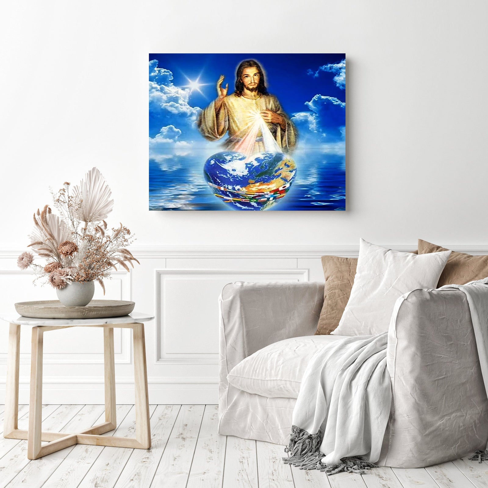 Jesus Cares for the World | Diamond Painting Displayed as Home Decor