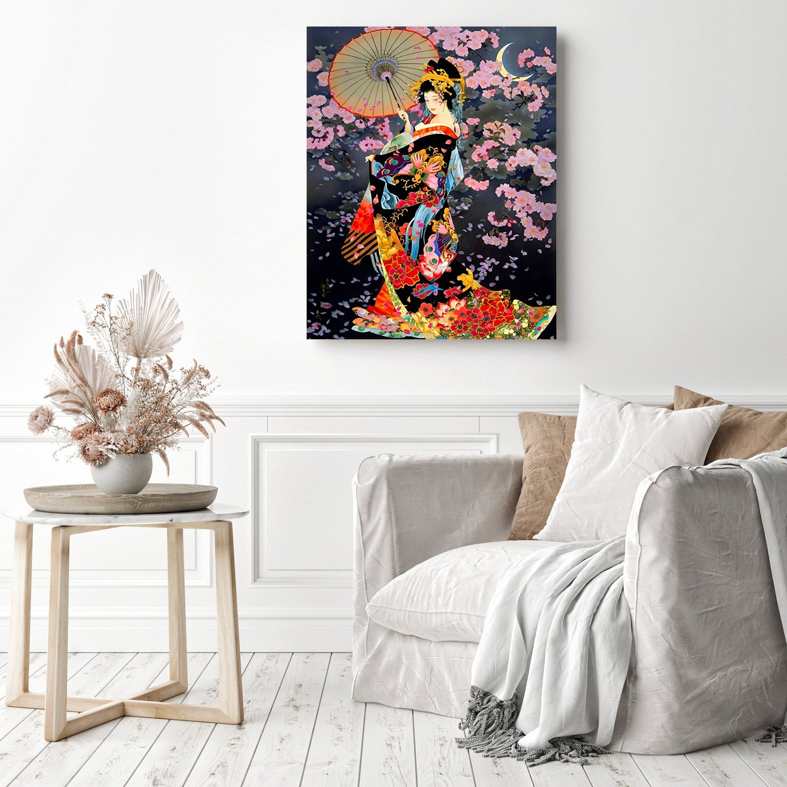 Kimono and Cherry Blossoms | Diamond Painting Displayed as Home Decor