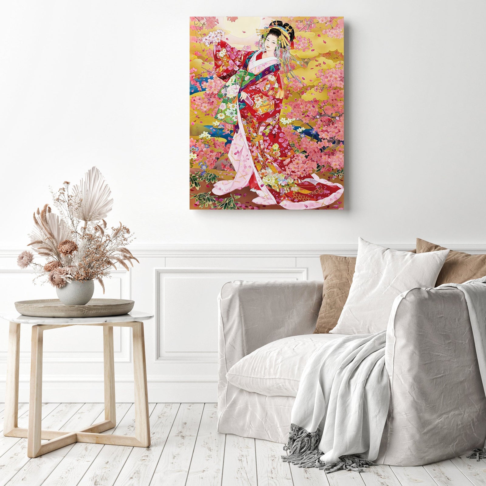 Kimono under Sakura | Diamond Painting Displayed as Home Decor