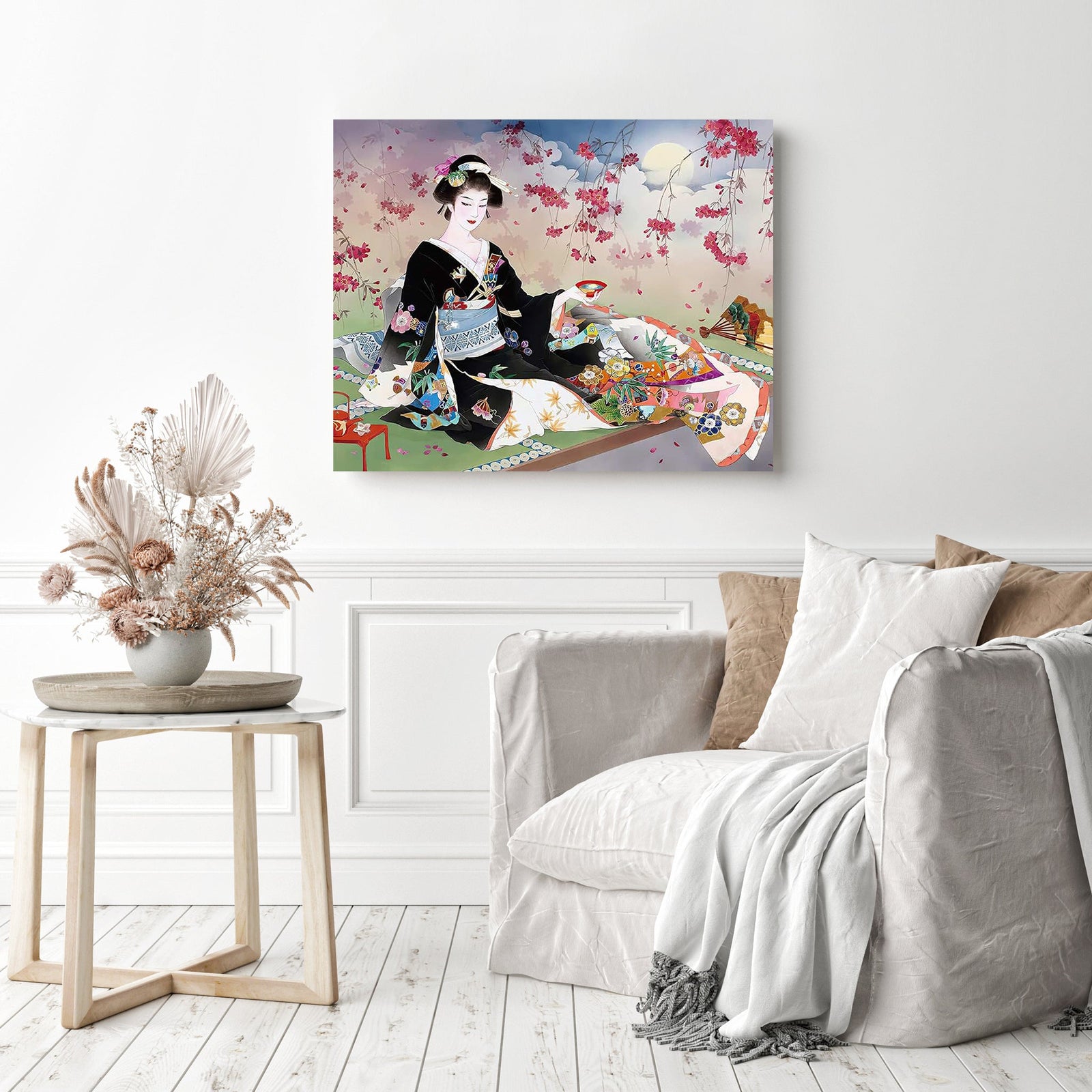 Kimono under Moonlight | Diamond Painting Displayed as Home Decor