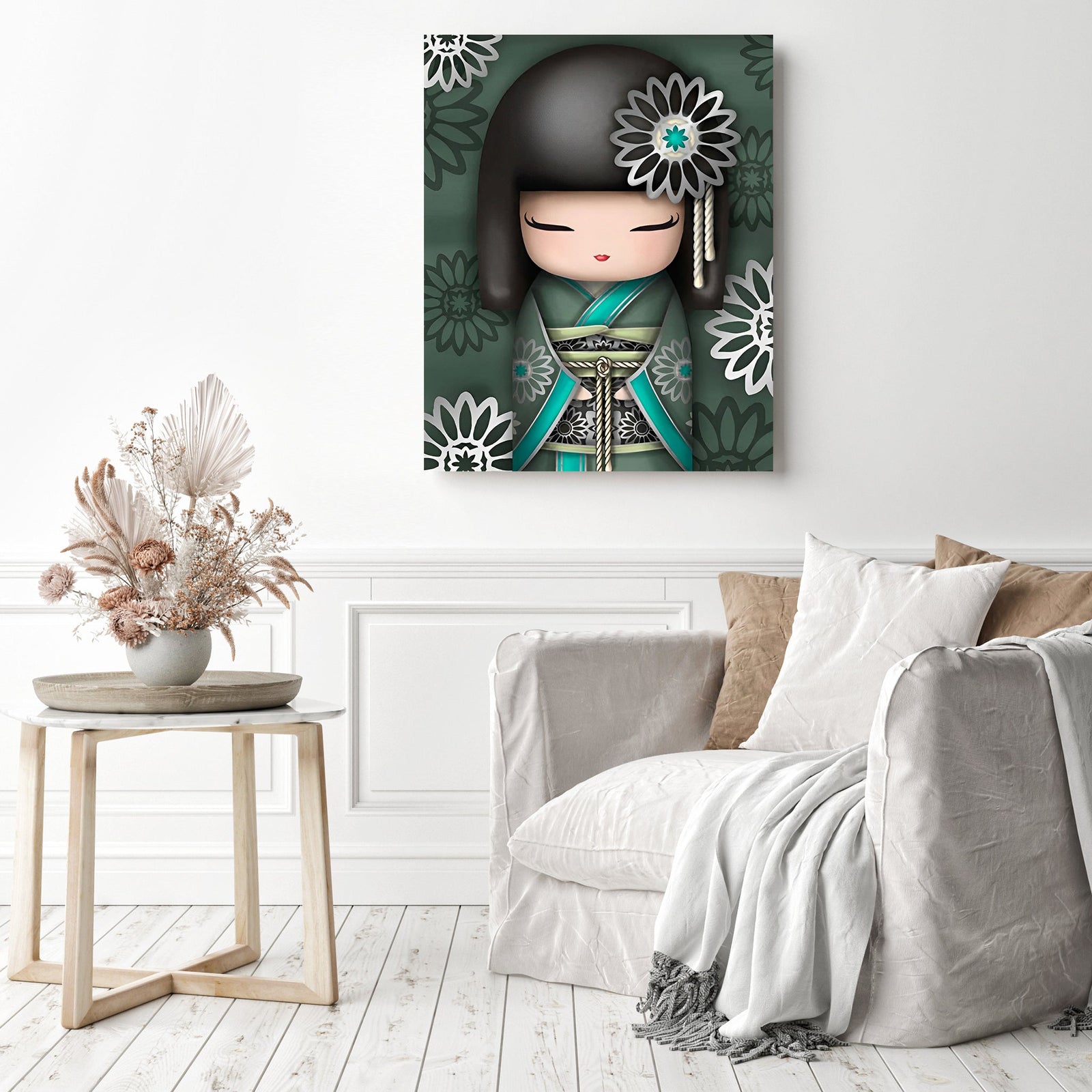 Girl in Green Kimono | Diamond Painting Displayed as Home Decor