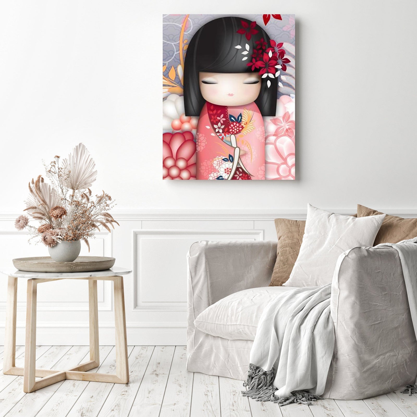 Kimono Girl in Red | Diamond Painting Displayed as Home Decor