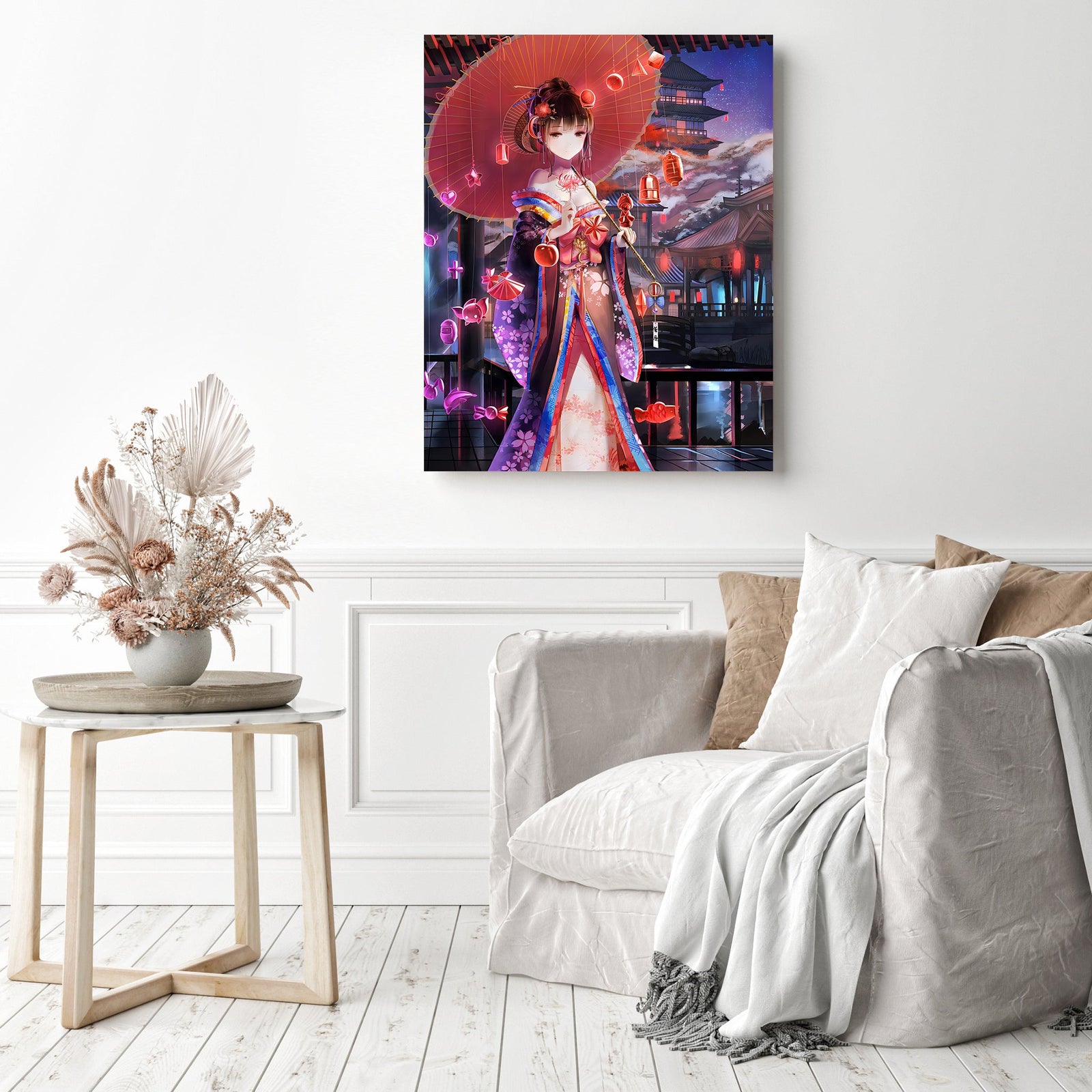 Anime Red Kimono | Diamond Painting Displayed as Home Decor