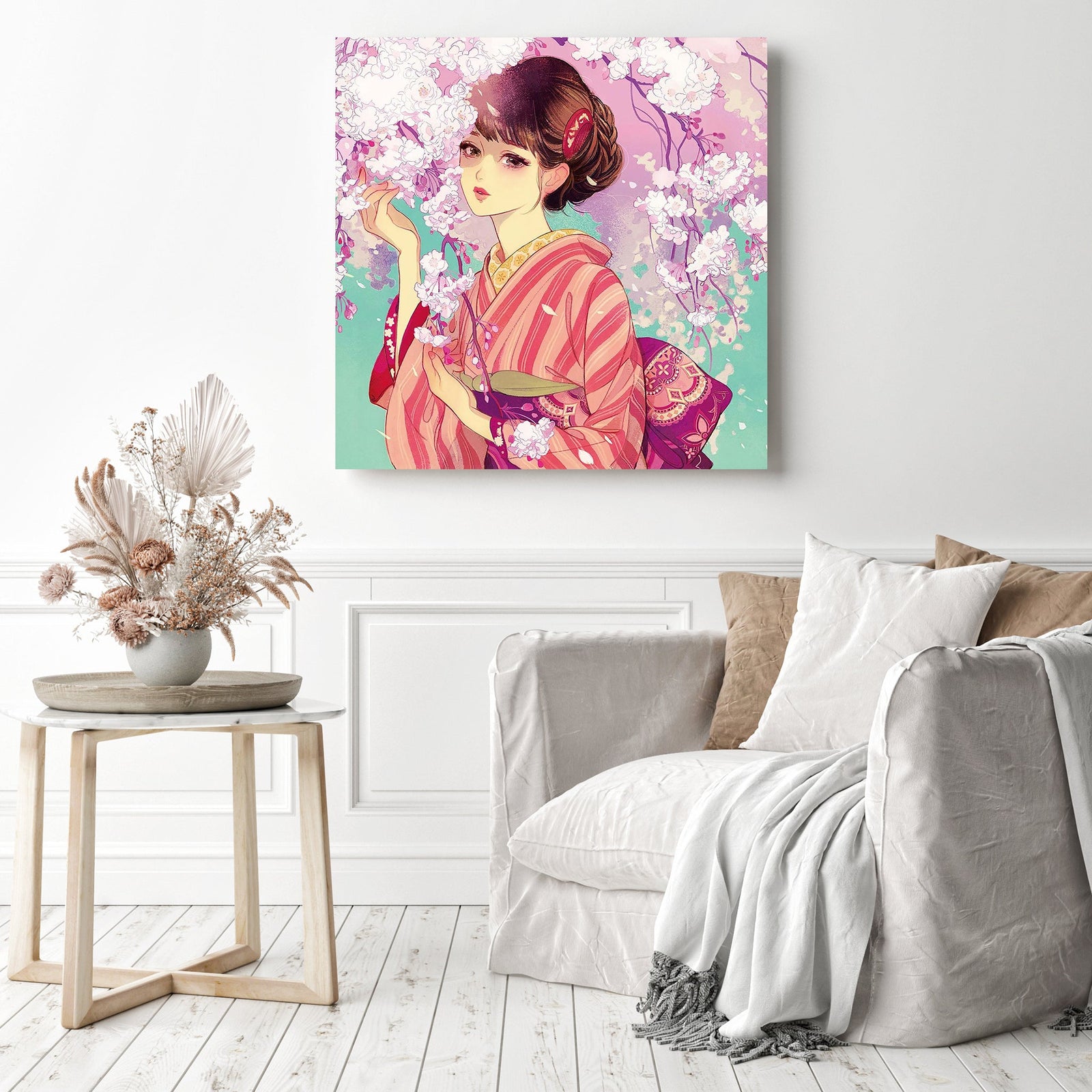 Geisha Cherry Blossom | Diamond Painting Displayed as Home Decor