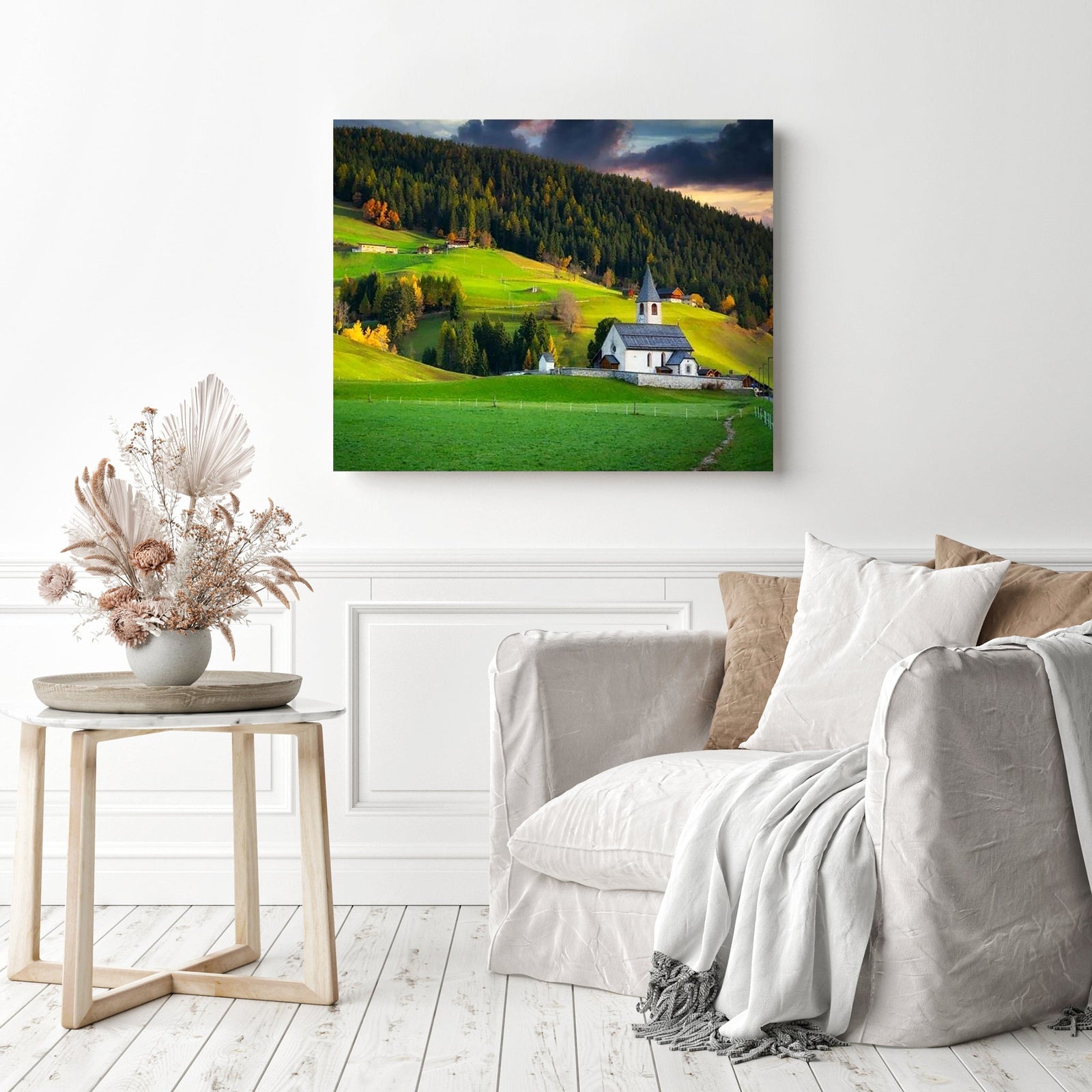 Idyllic Small Church | Diamond Painting Displayed as Home Decor