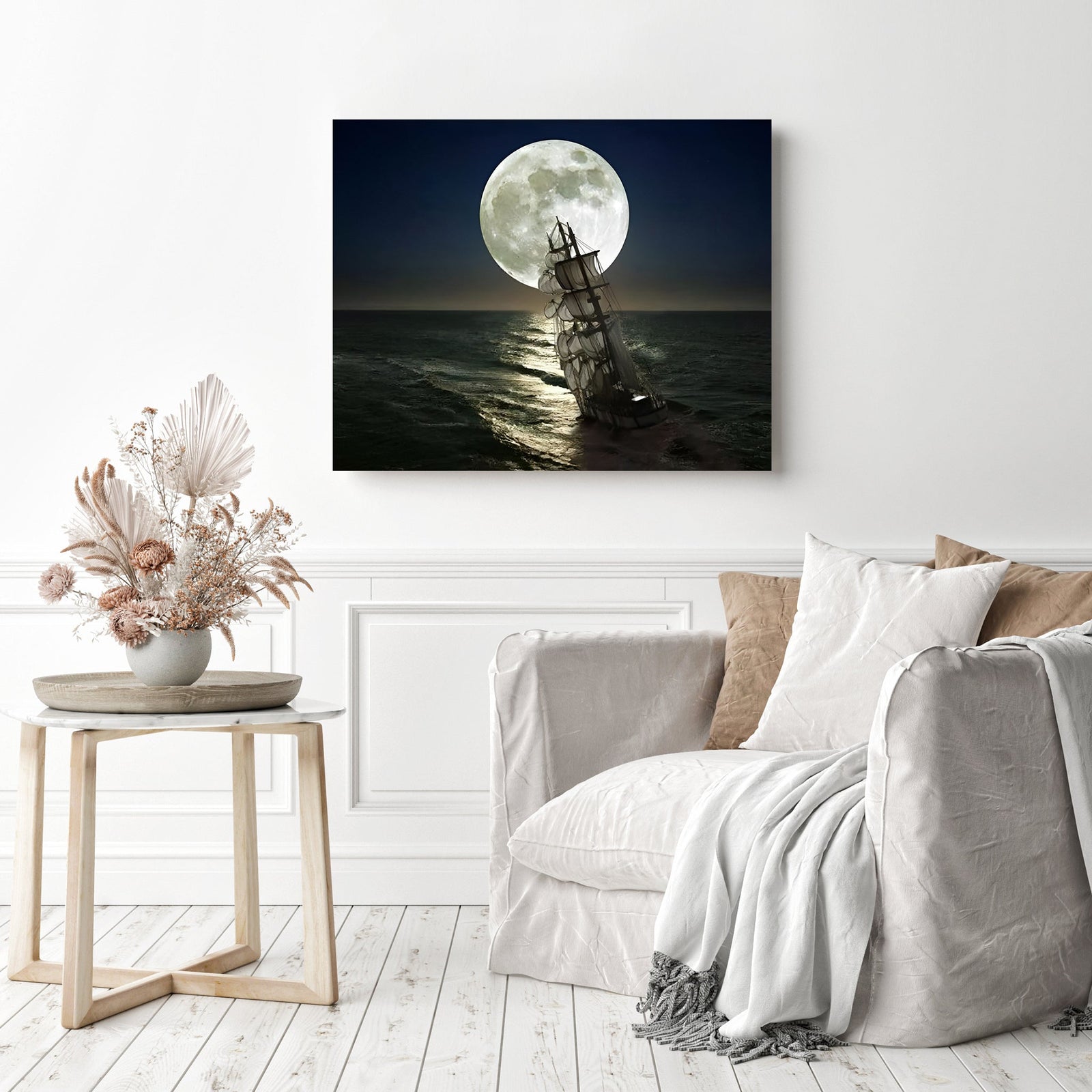 Sailing Under the Giant Moon | Diamond Painting Displayed as Home Decor