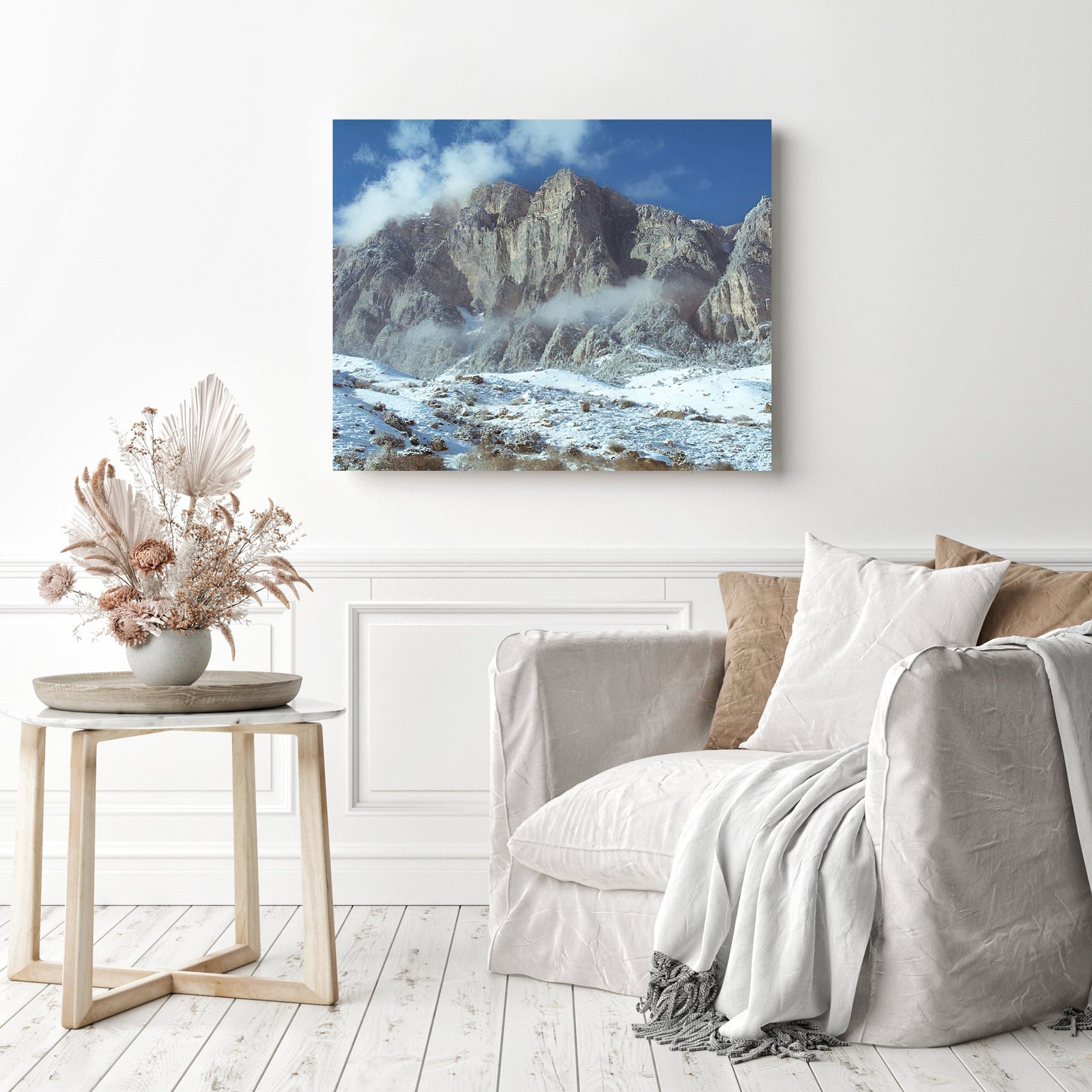 Snowy Mountains of Tsey | Diamond Painting Displayed as Home Decor