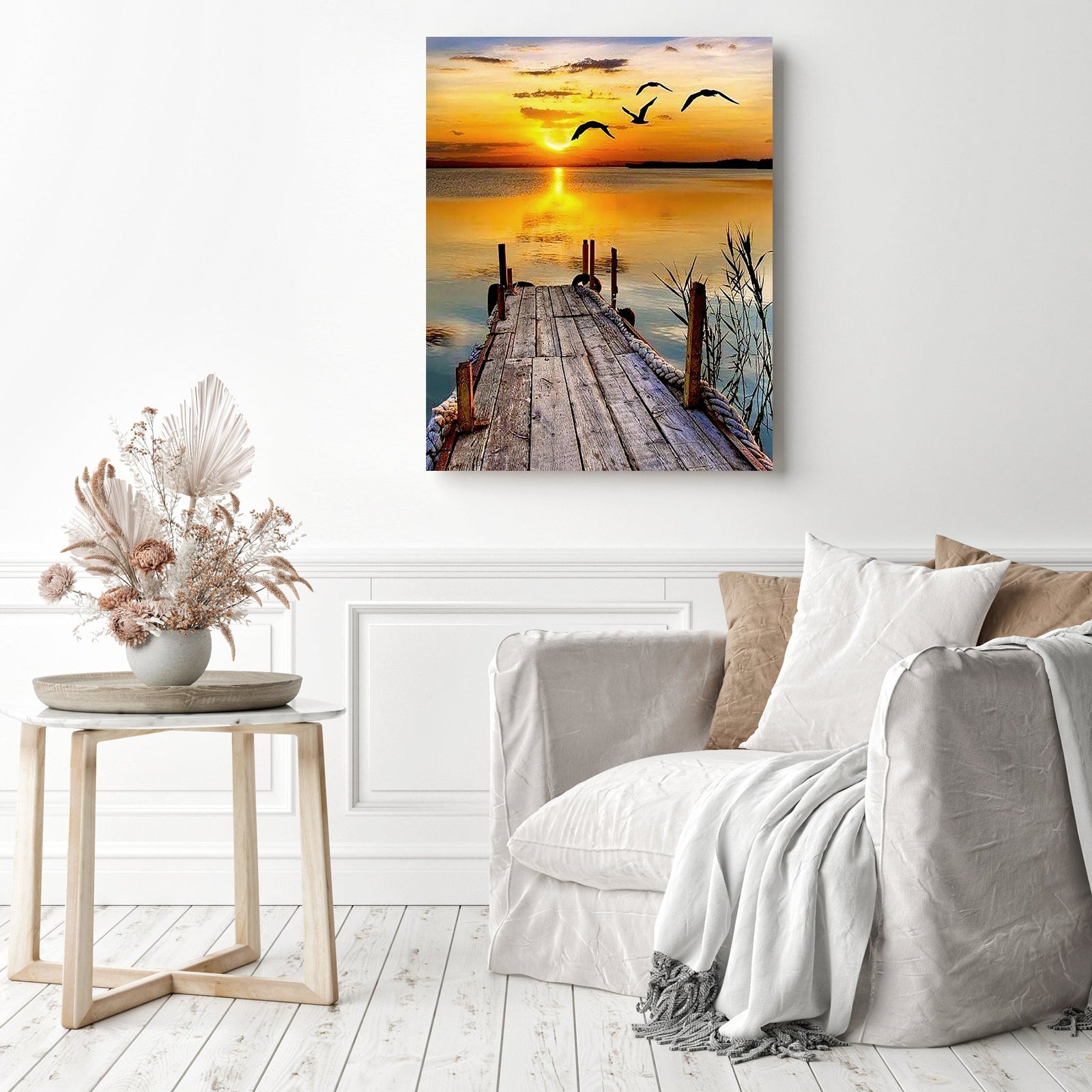 Lakeside Sunset Jetty Bliss | Diamond Painting Displayed as Home Decor