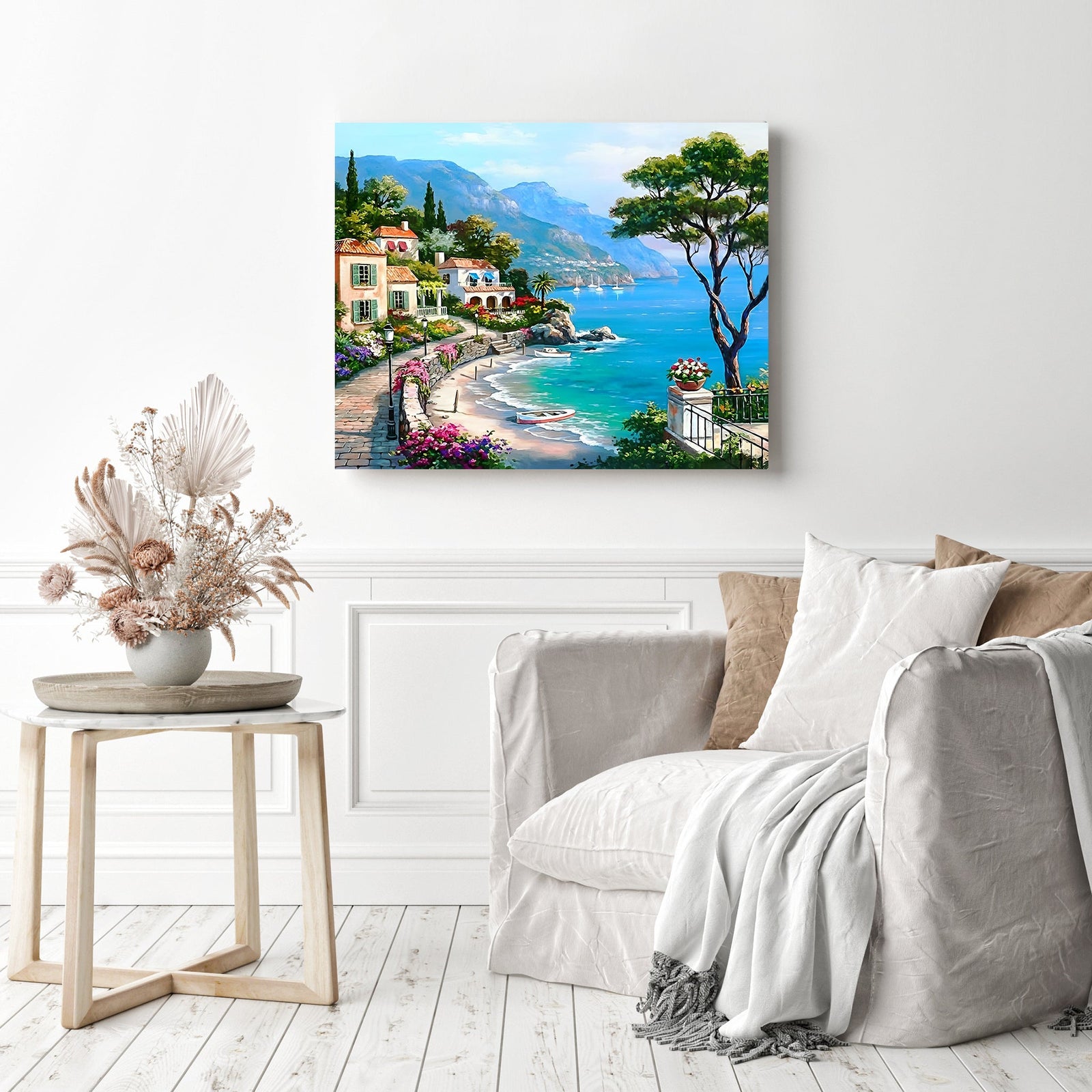 Mediterranean Seaside | Diamond Painting Displayed as Home Decor