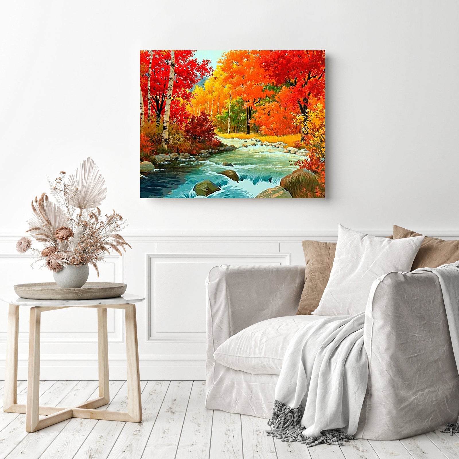 River Flows in Autumn Forest | Diamond Painting Displayed as Home Decor