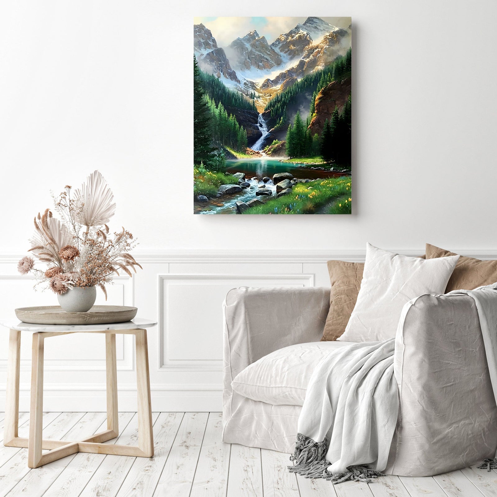 Rocky Mountain Waterfall | Diamond Painting Displayed as Home Decor