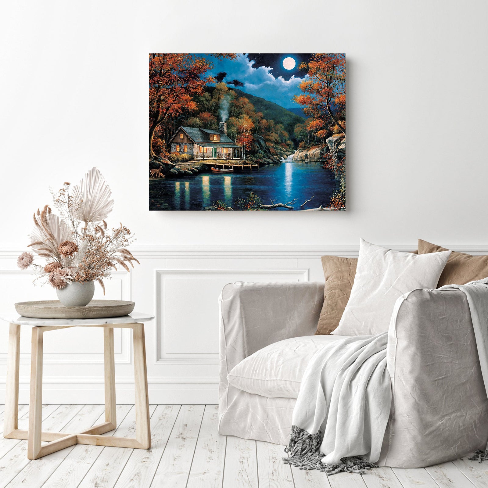 Cabin by the Greet Lake | Diamond Painting Displayed as Home Decor