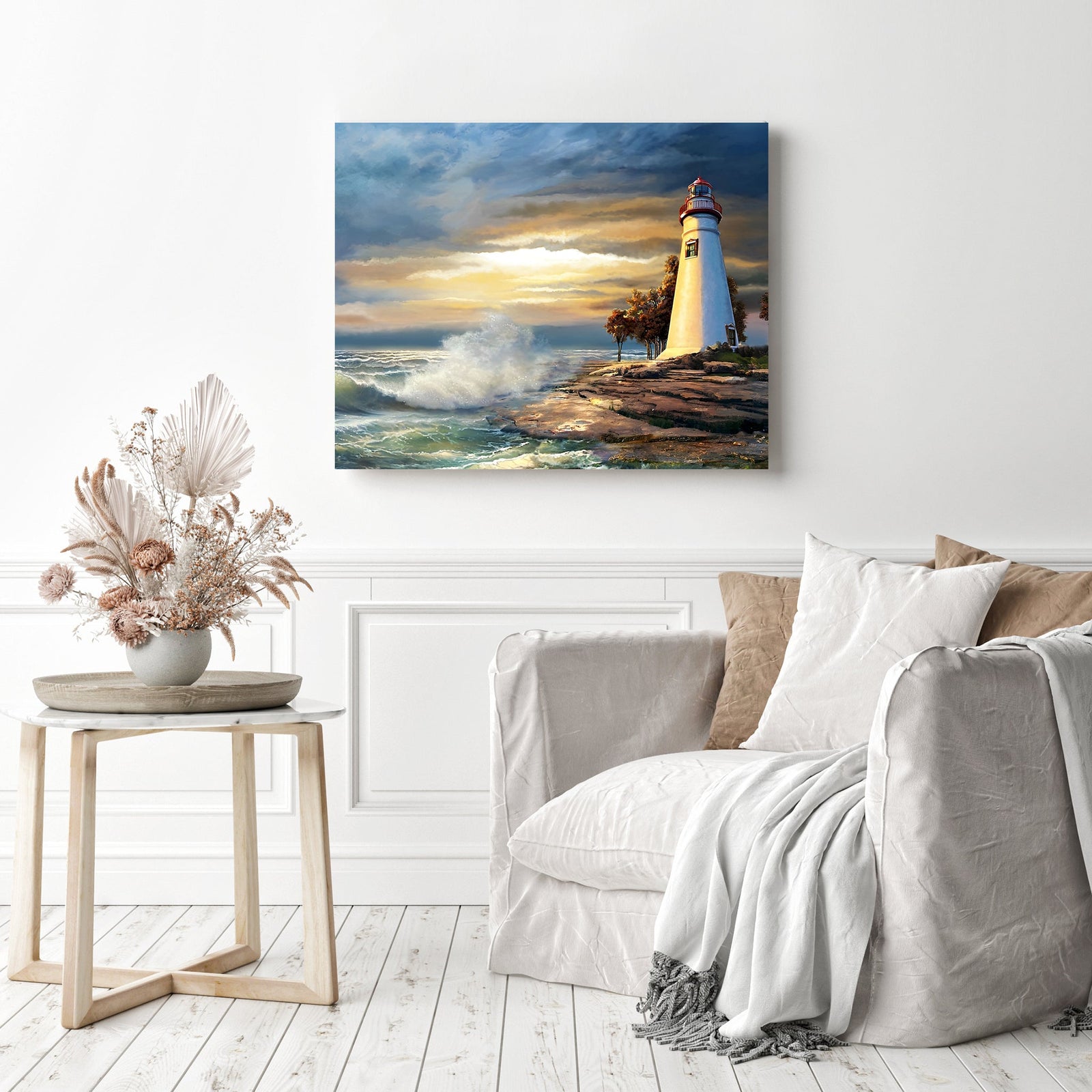 Sunset with Lighthouse | Diamond Painting Displayed as Home Decor