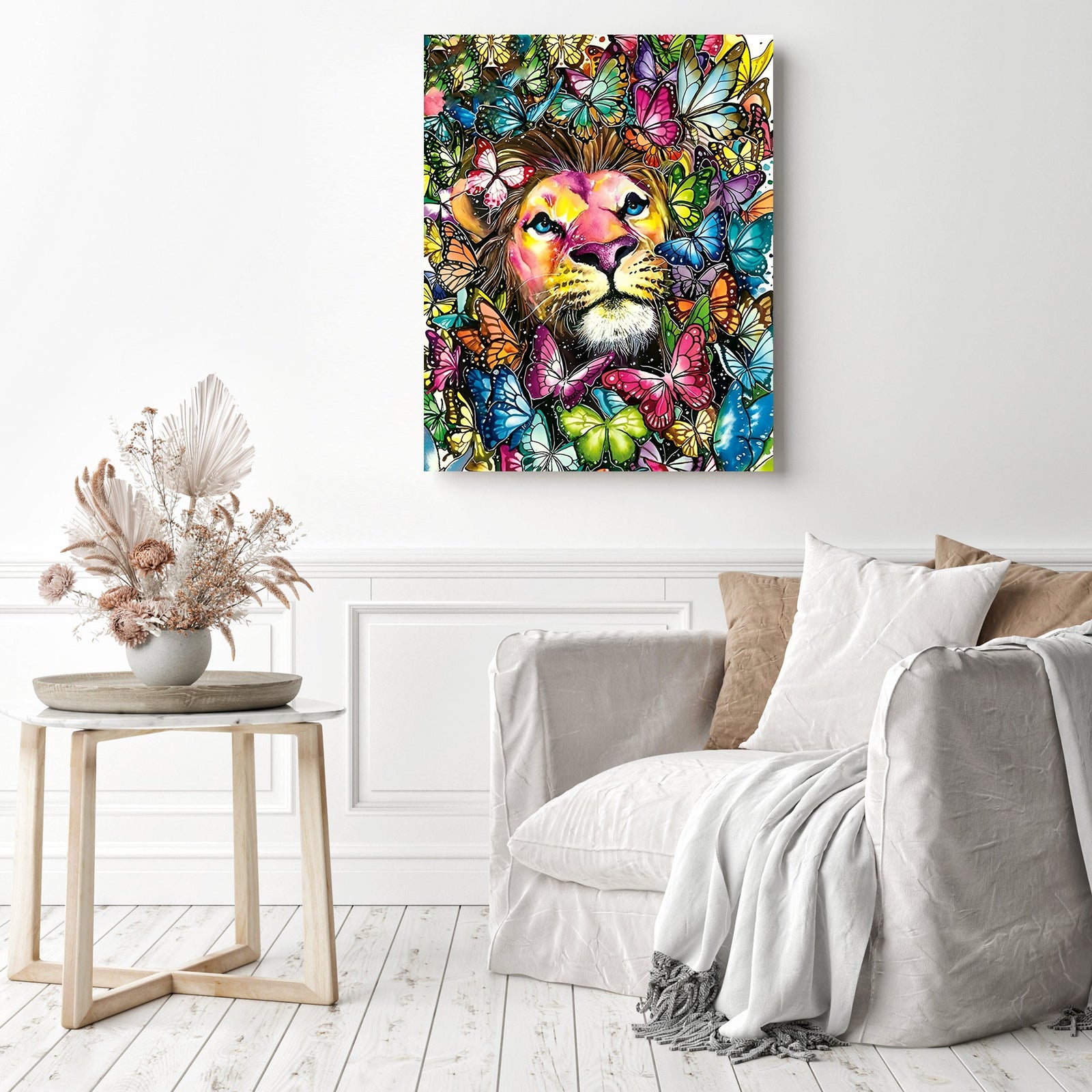 Lion with Butterflies | Diamond Painting Displayed as Home Decor