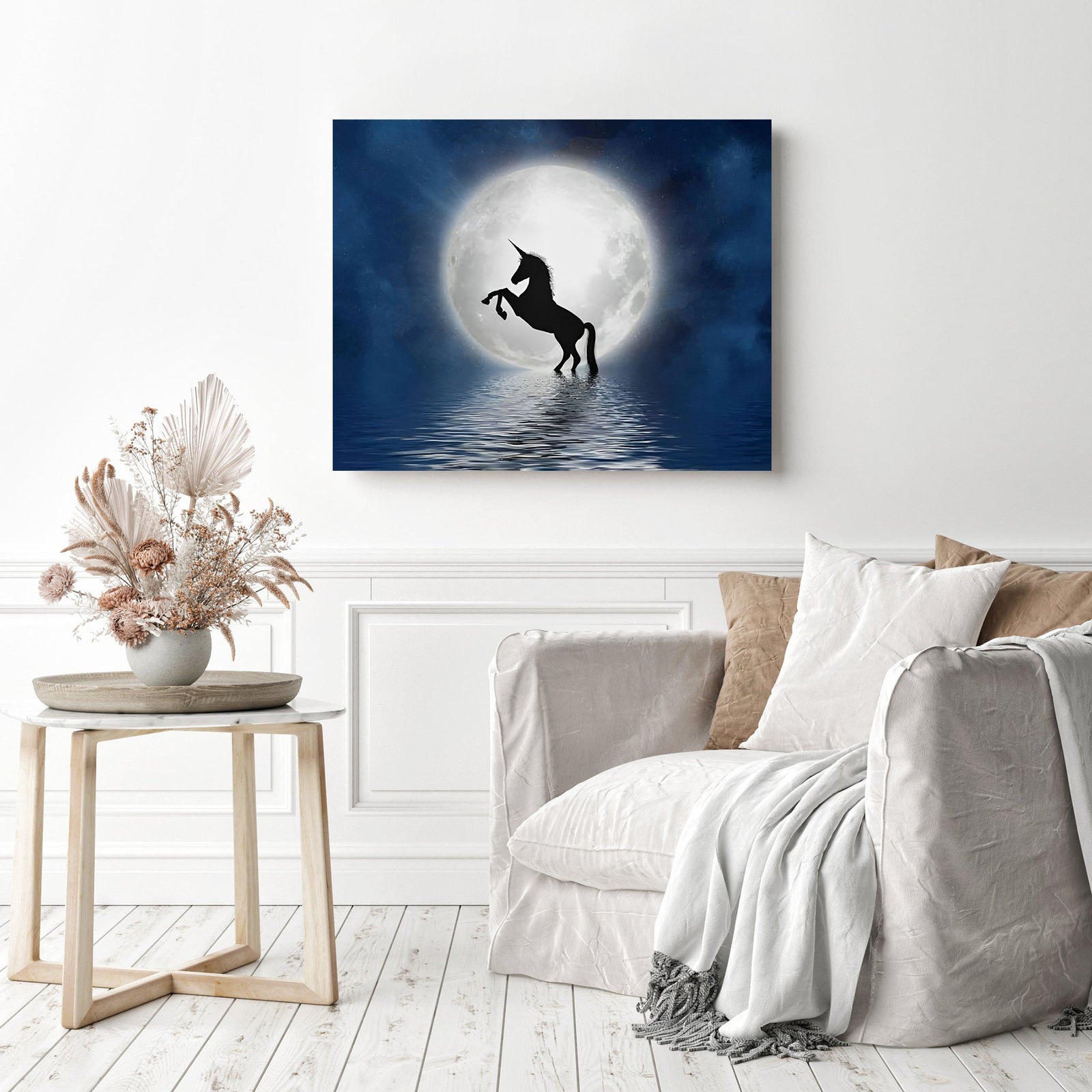 Unicorn Against the Moon | Diamond Painting Displayed as Home Decor