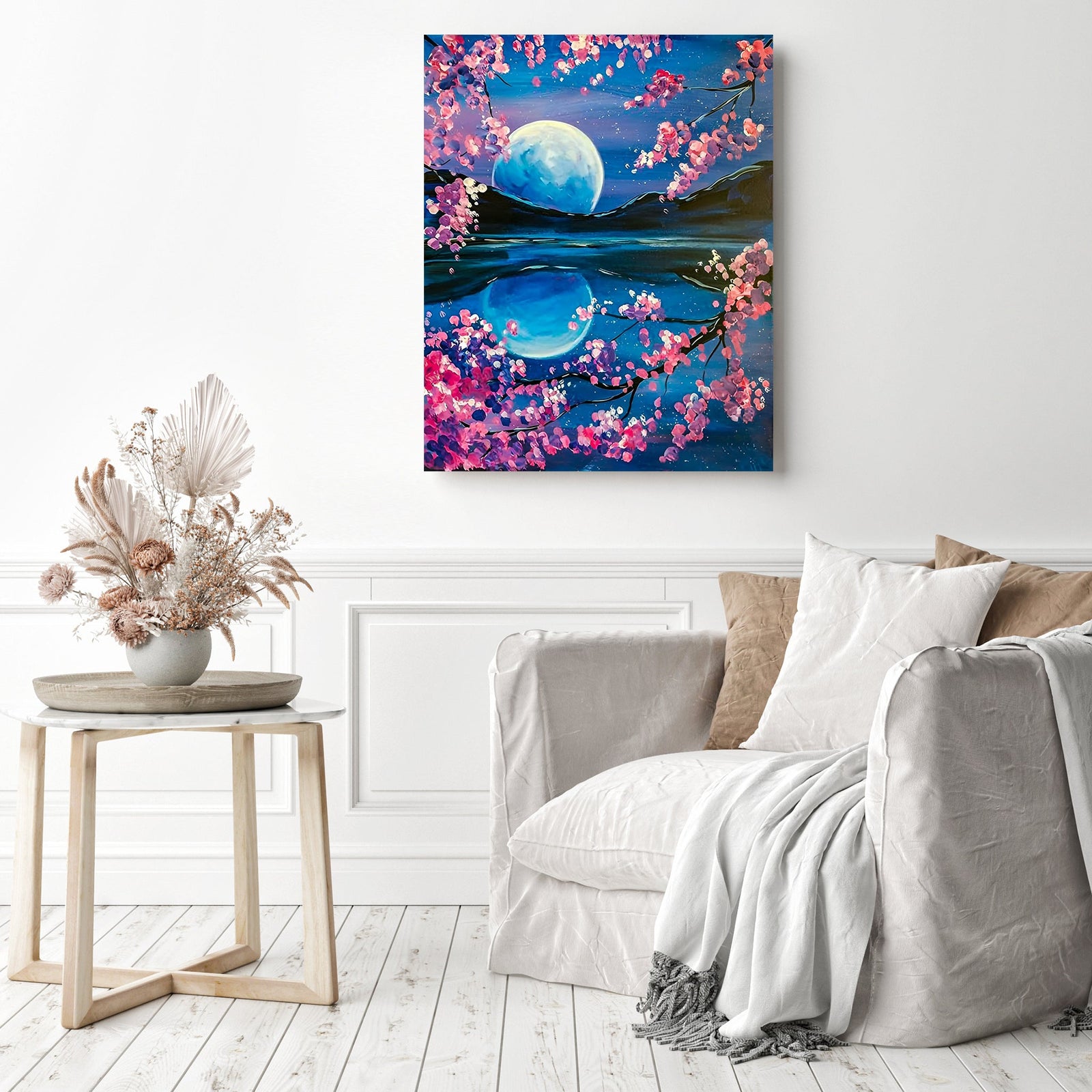 Moon Reflection Cherry Tree | Diamond Painting Displayed as Home Decor