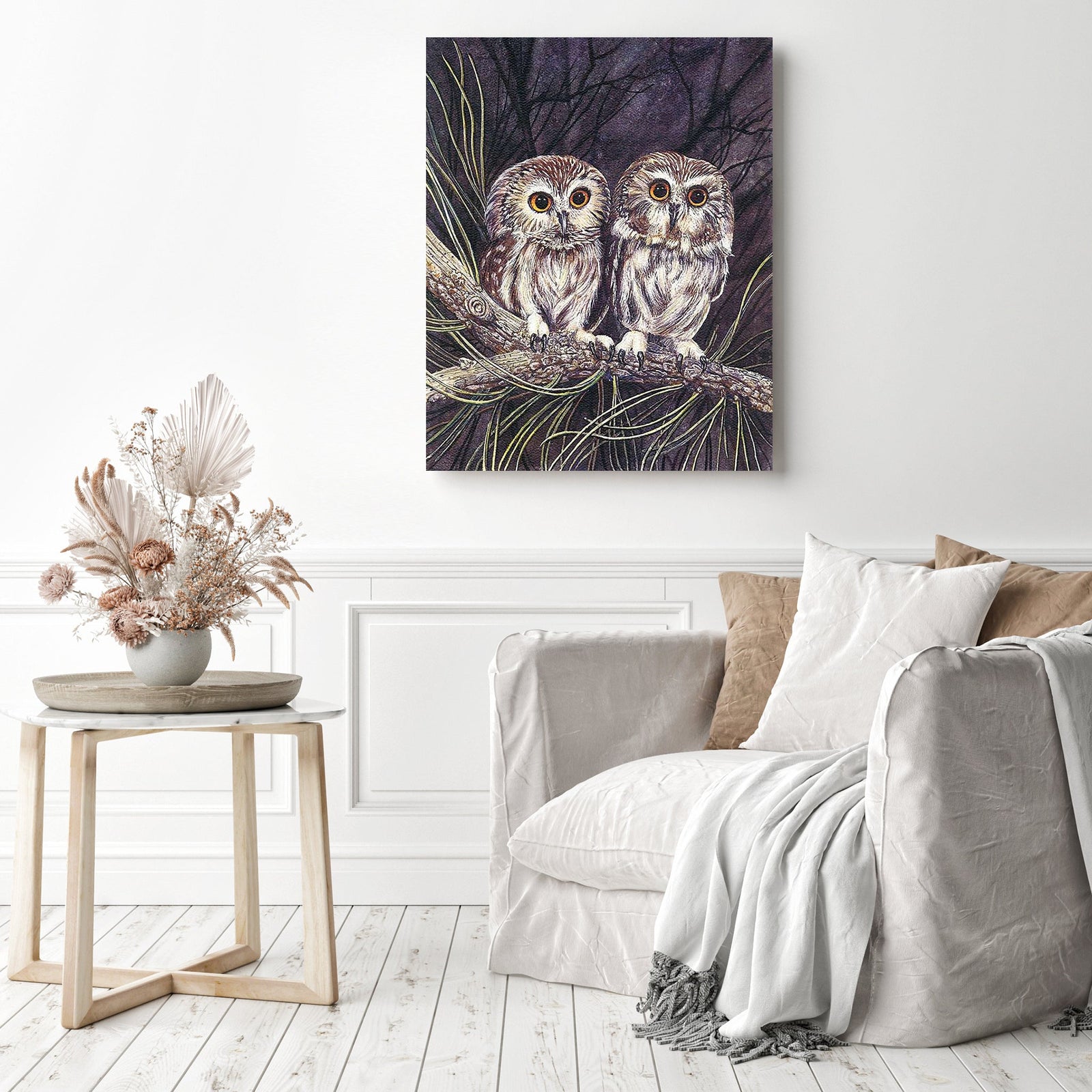 Owl Twins | Diamond Painting Displayed as Home Decor