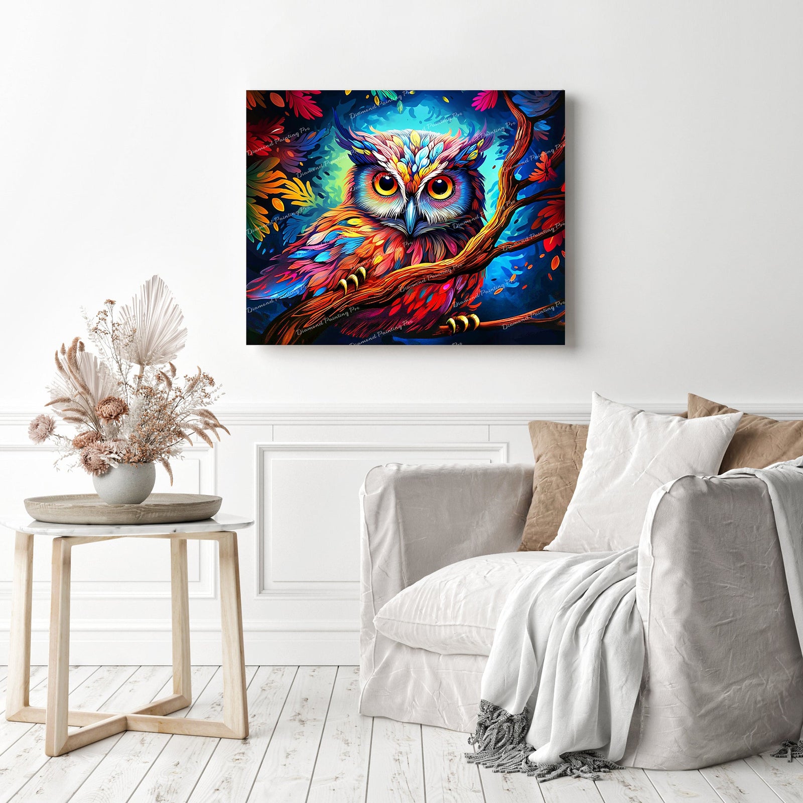 Mystical Night Owl Reverie | Diamond Painting Displayed as Home Decor