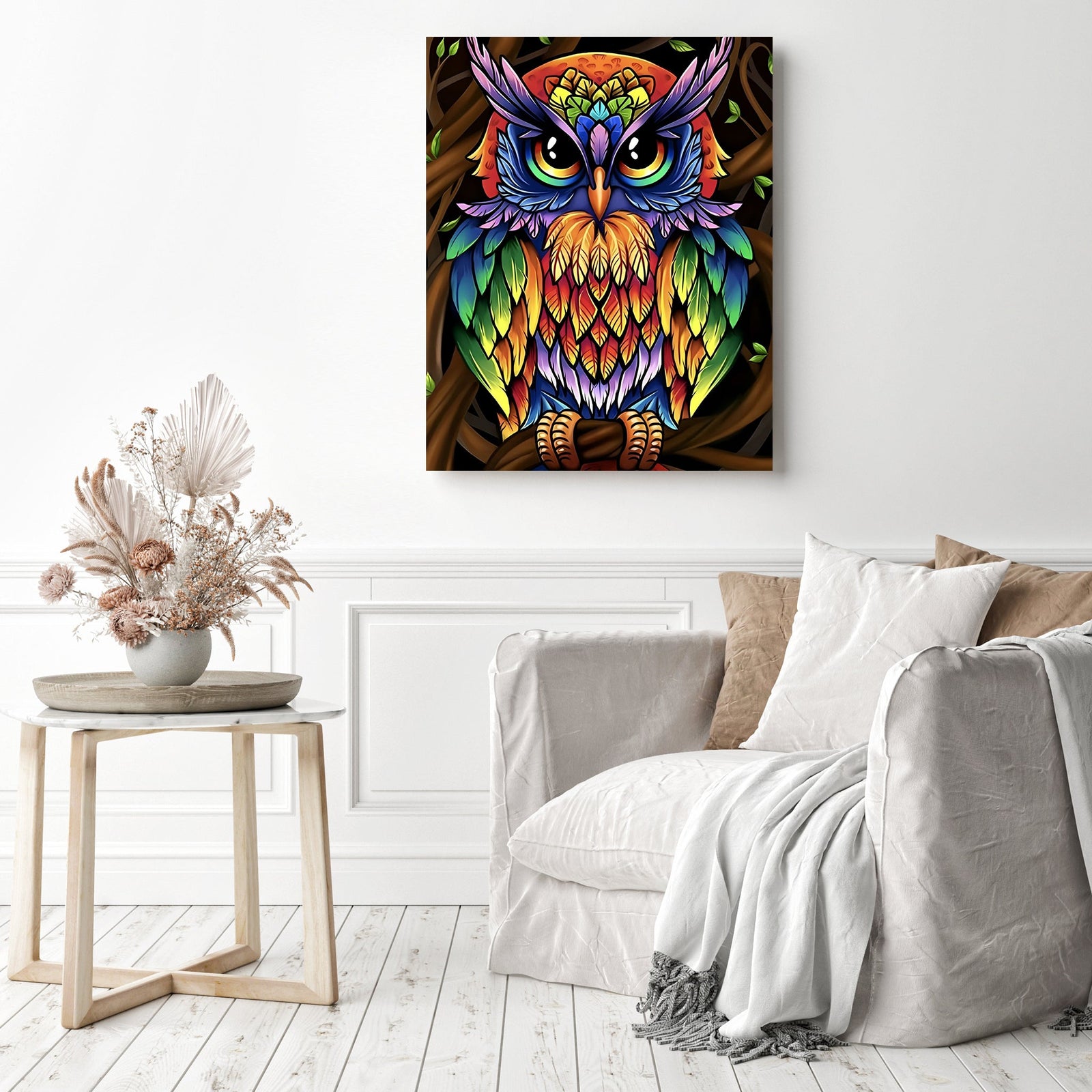 Rainbow Hoot | Diamond Painting Displayed as Home Decor