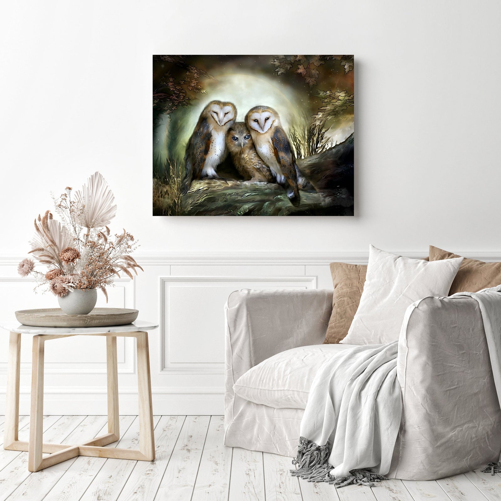 Three Owl Moon | Diamond Painting Displayed as Home Decor