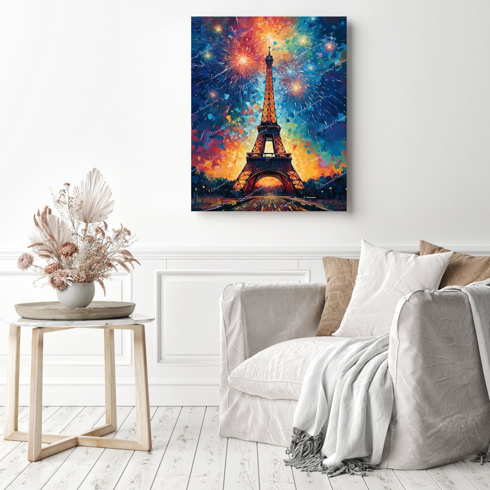 Fireworks over Eiffel | Diamond Painting Displayed as Home Decor