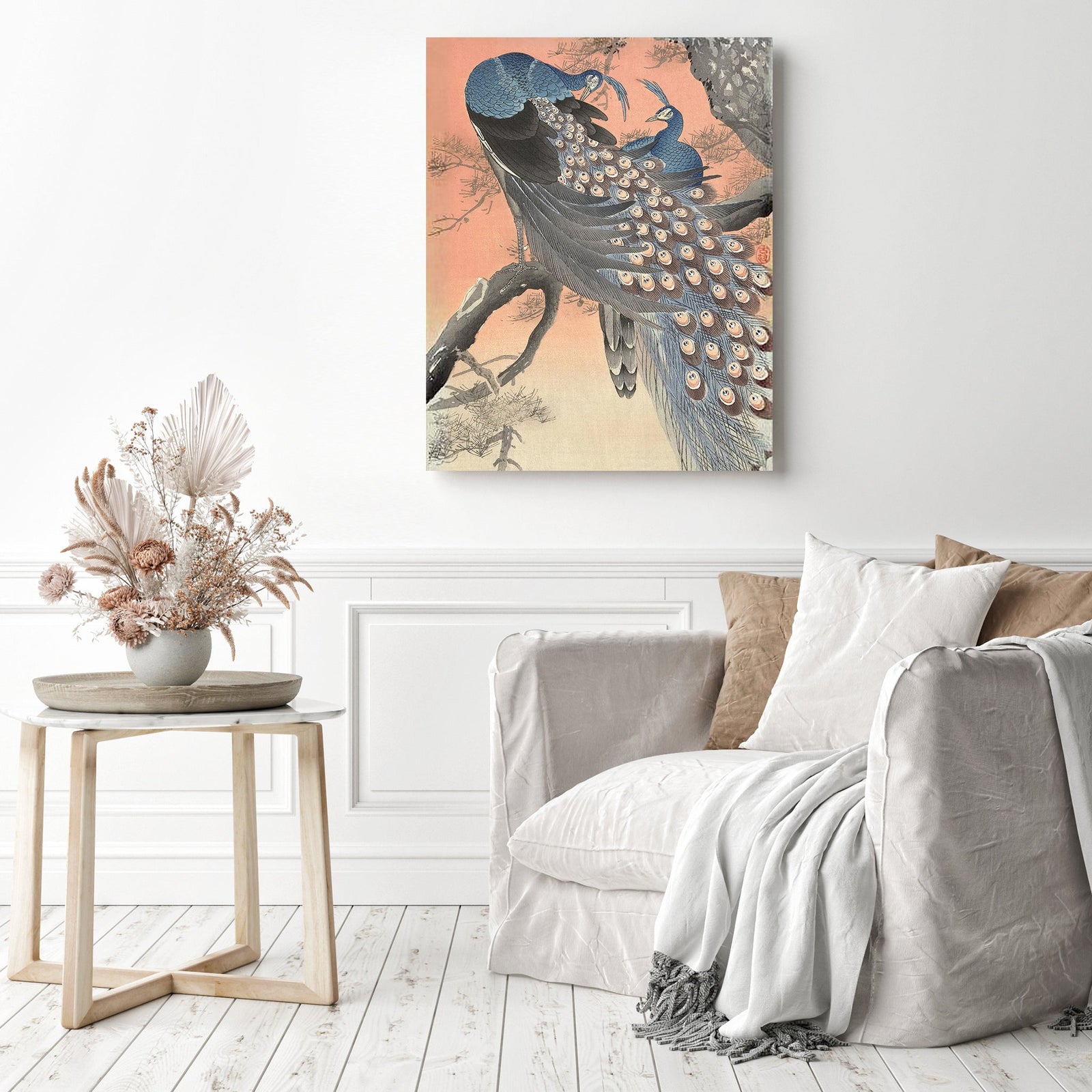 Two Peacocks on Tree Branch | Diamond Painting Displayed as Home Decor