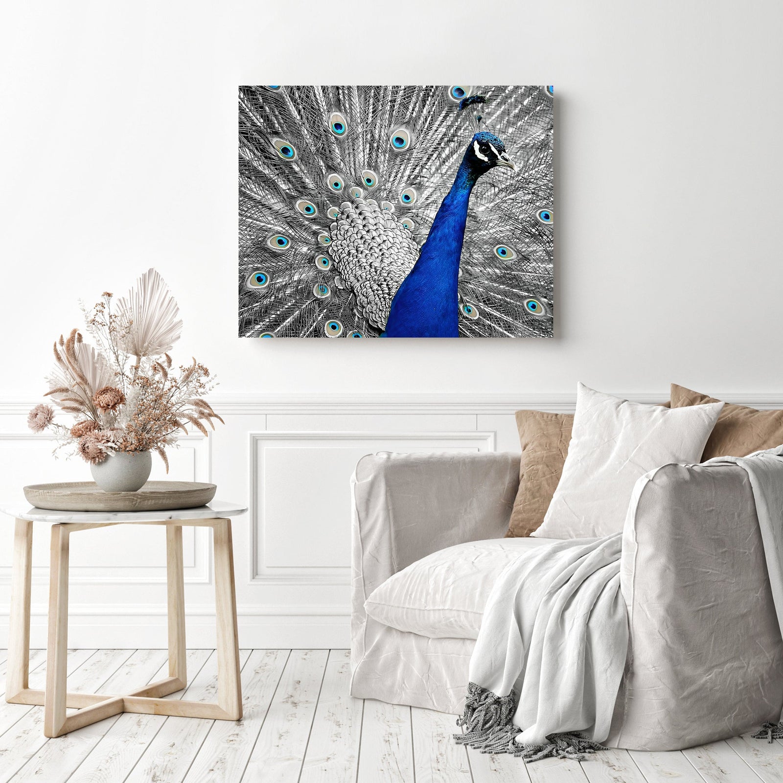 Monochromatic Peacock | Diamond Painting Displayed as Home Decor