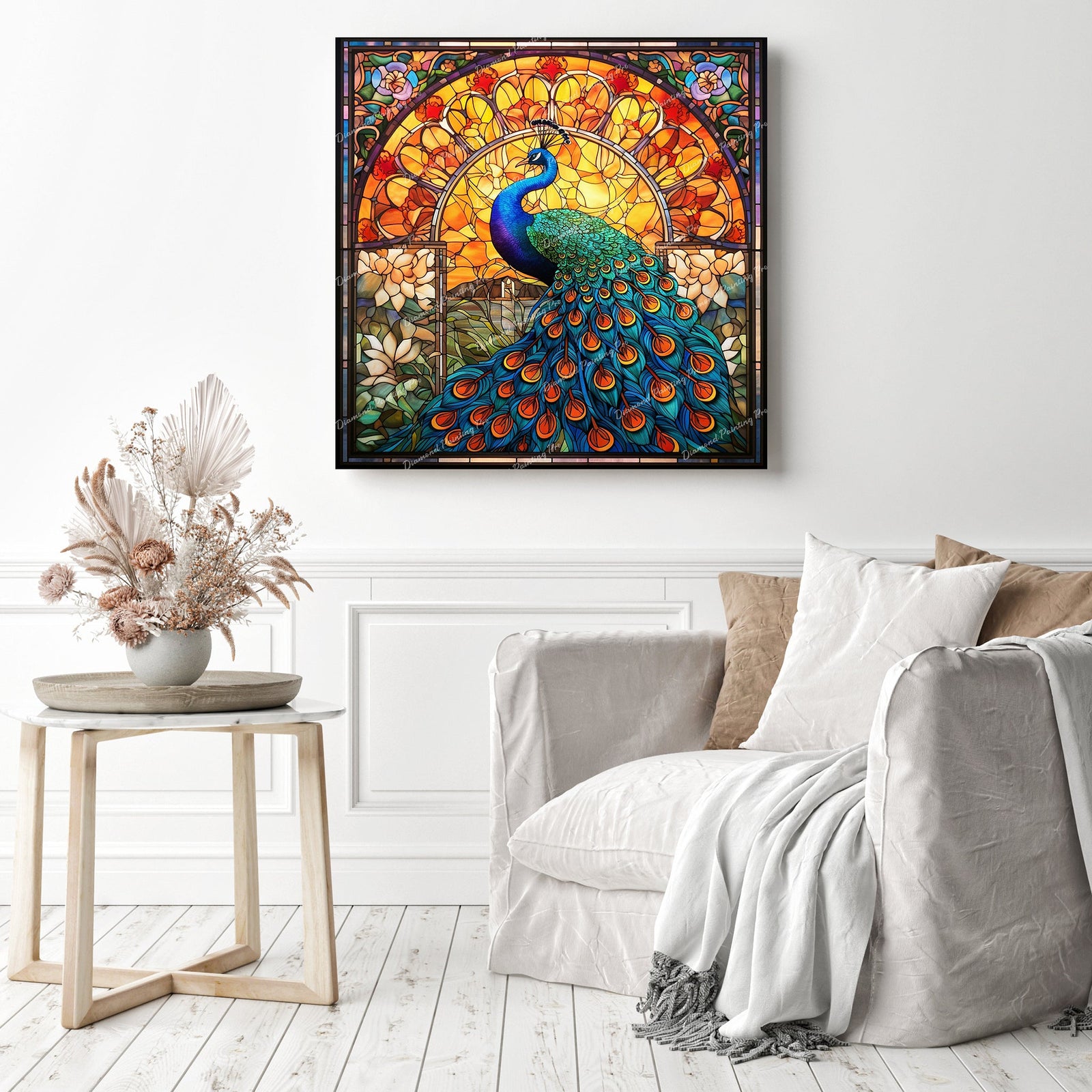 Majestic Peacock Stained Glass | Diamond Painting Displayed as Home Decor