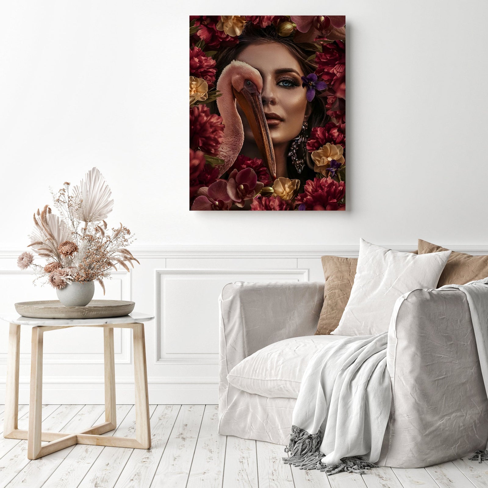 Pelican Woman Portrait | Diamond Painting Displayed as Home Decor