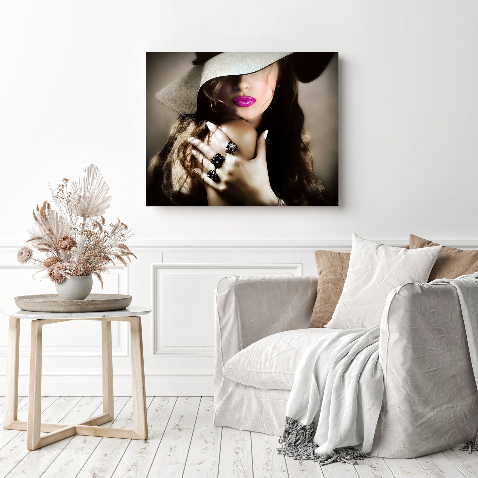 Hatted Woman Portrait | Diamond Painting Displayed as Home Decor